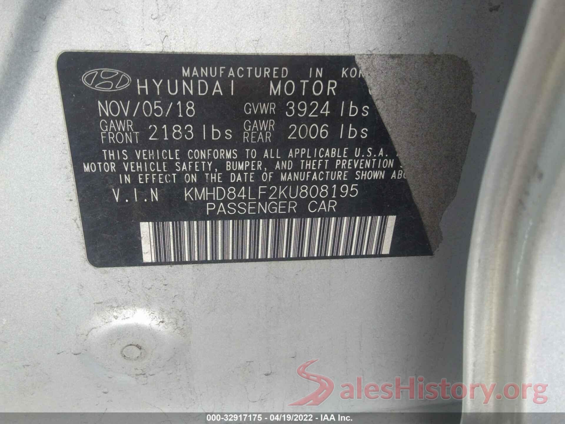 KMHD84LF2KU808195 2019 HYUNDAI ELANTRA