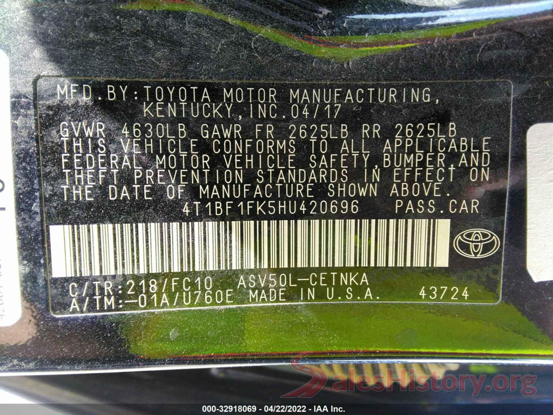 4T1BF1FK5HU420696 2017 TOYOTA CAMRY