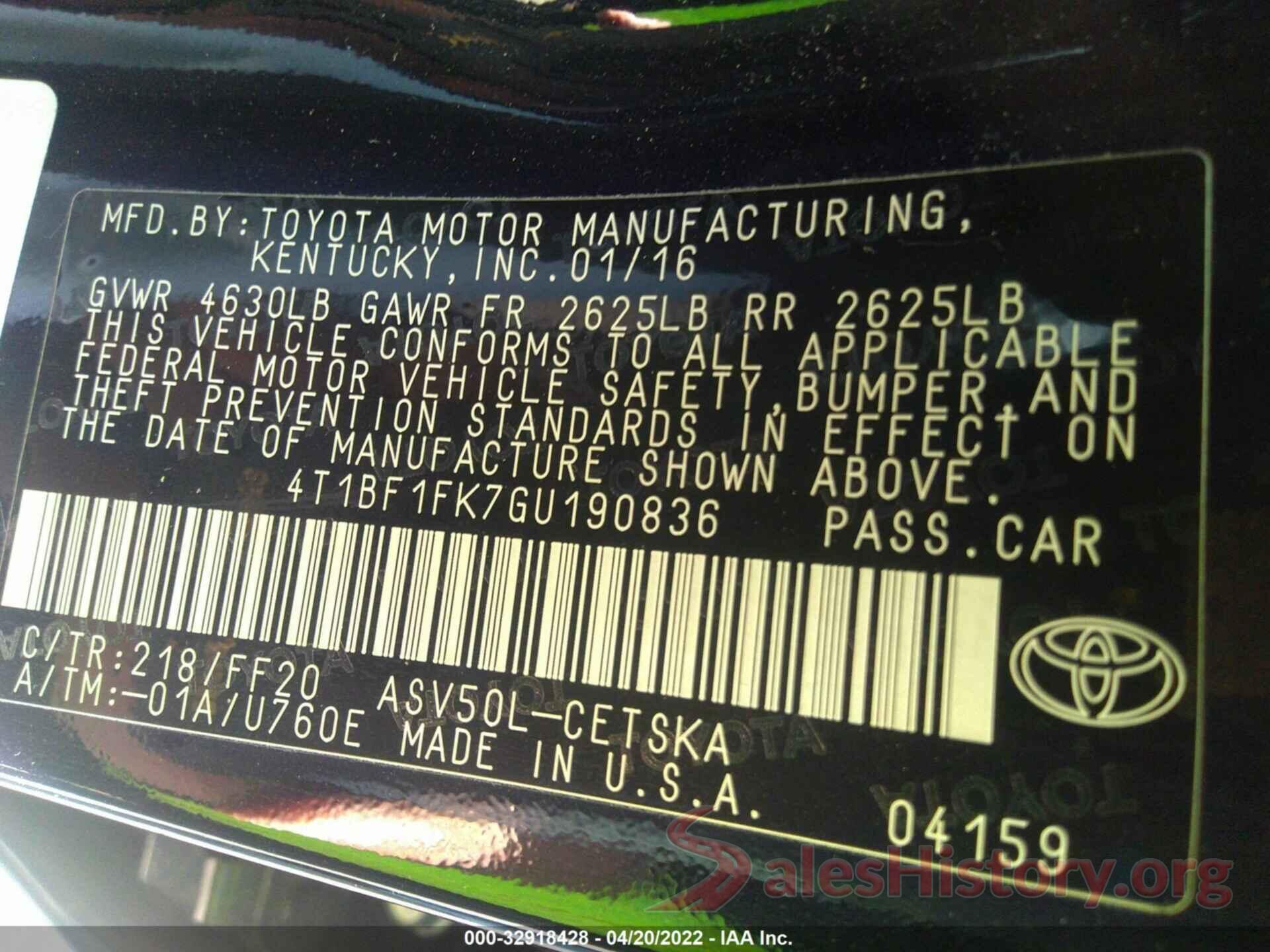 4T1BF1FK7GU190836 2016 TOYOTA CAMRY