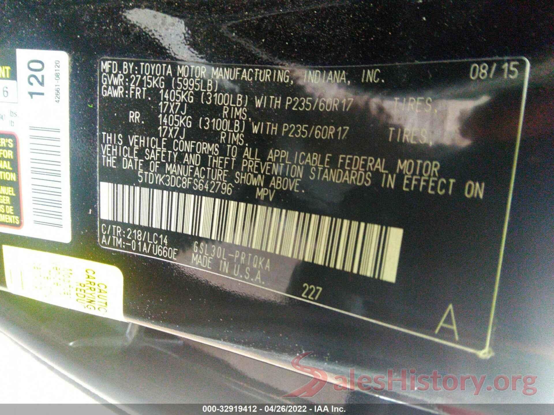 5TDYK3DC8FS642796 2015 TOYOTA SIENNA