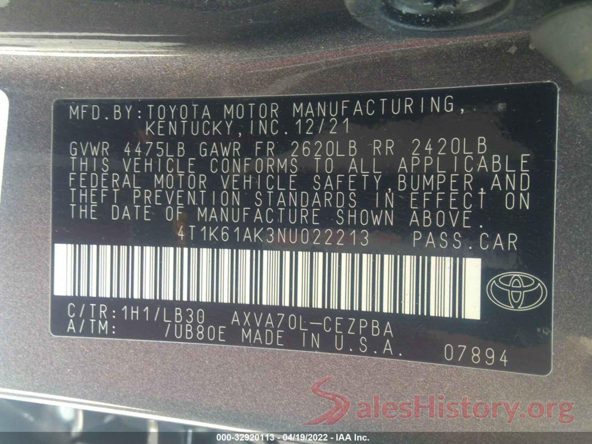 4T1K61AK3NU022213 2022 TOYOTA CAMRY