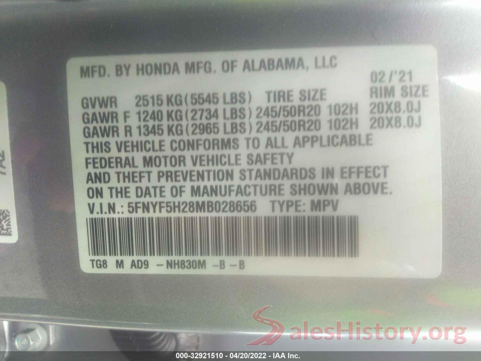 5FNYF5H28MB028656 2021 HONDA PILOT