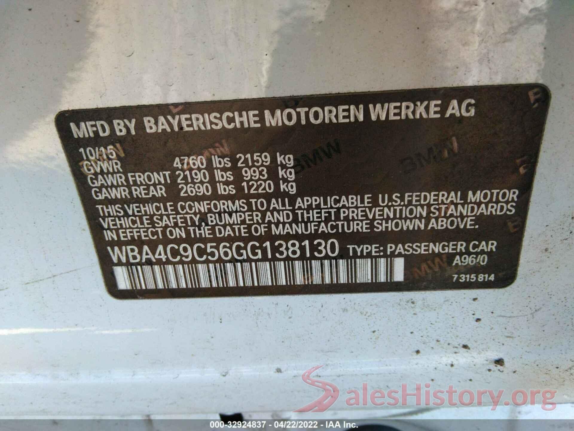 WBA4C9C56GG138130 2016 BMW 4 SERIES