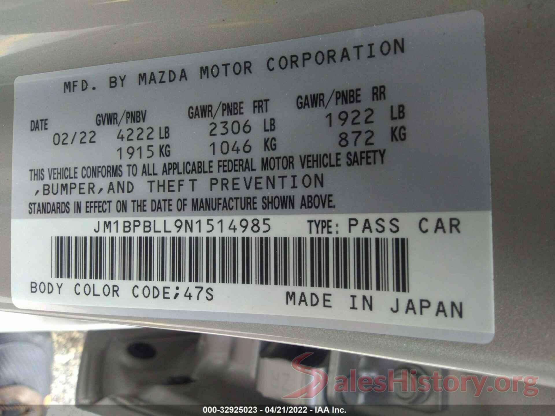 JM1BPBLL9N1514985 2022 MAZDA MAZDA3 HATCHBACK