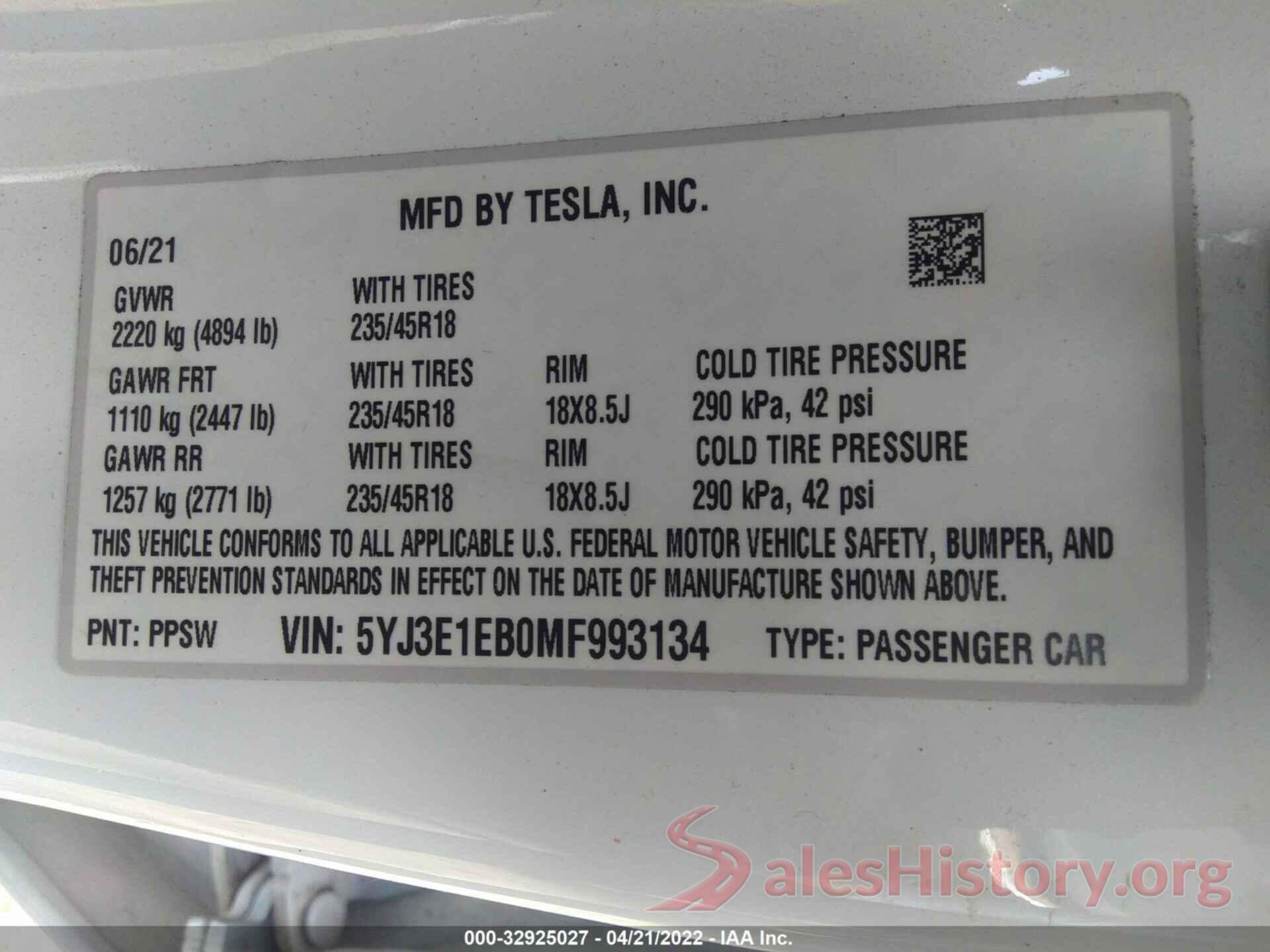 5YJ3E1EB0MF993134 2021 TESLA MODEL 3