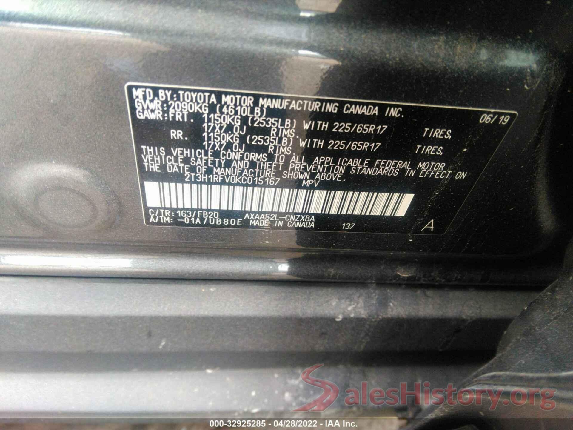 2T3H1RFV0KC015167 2019 TOYOTA RAV4