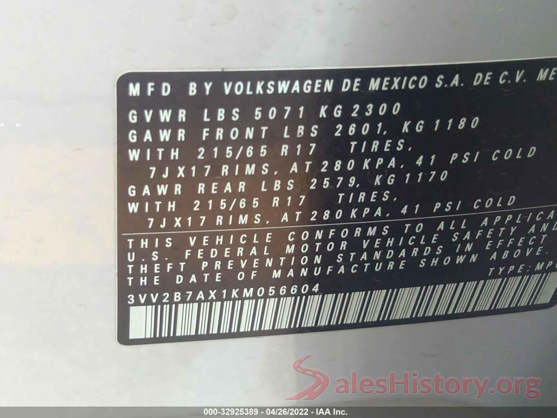 3VV2B7AX1KM056604 2019 VOLKSWAGEN TIGUAN