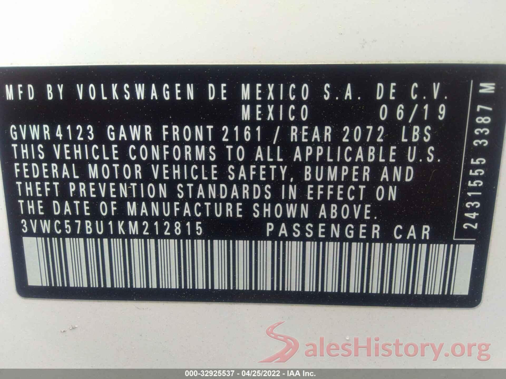 3VWC57BU1KM212815 2019 VOLKSWAGEN JETTA