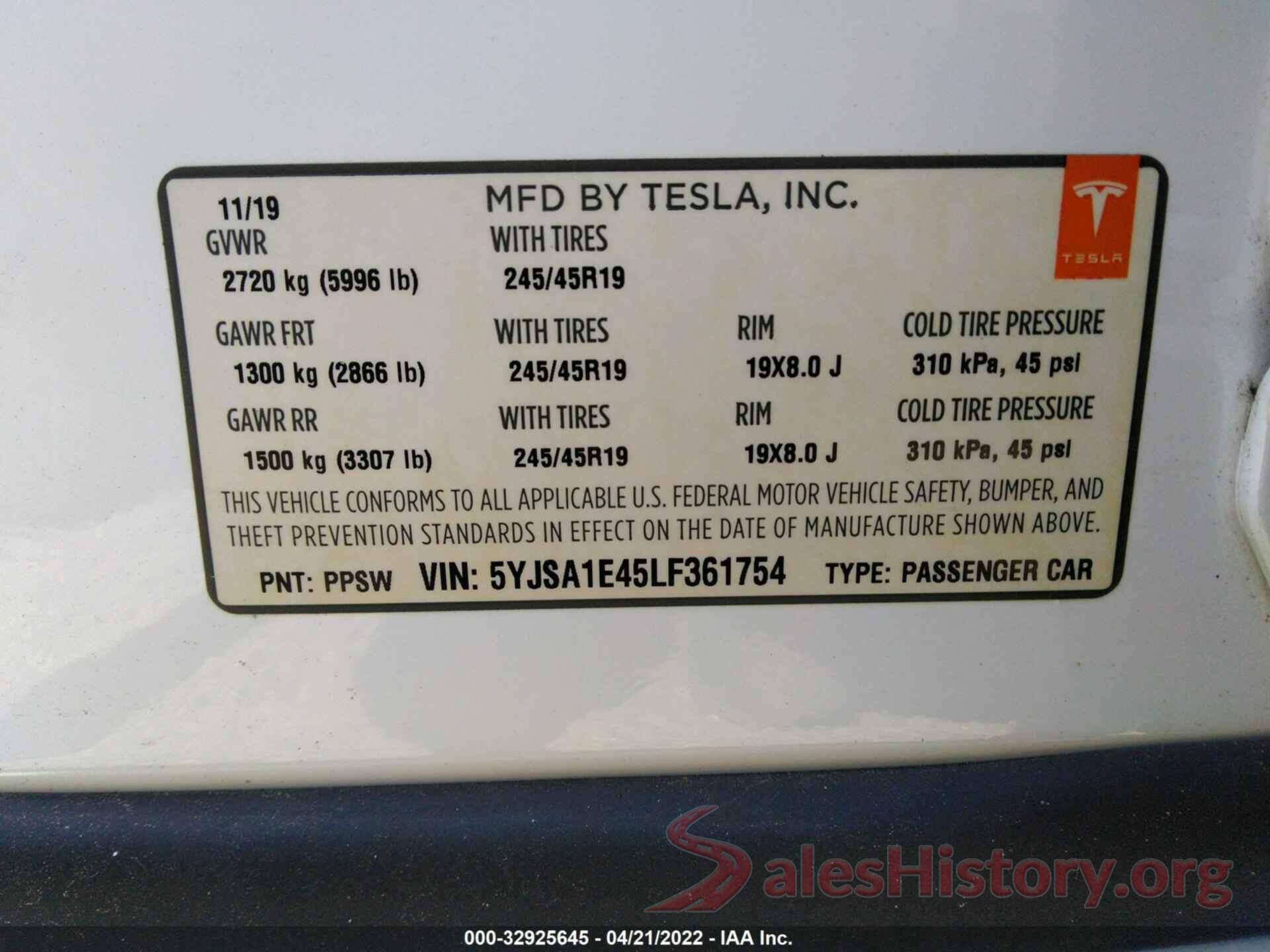 5YJSA1E45LF361754 2020 TESLA MODEL S