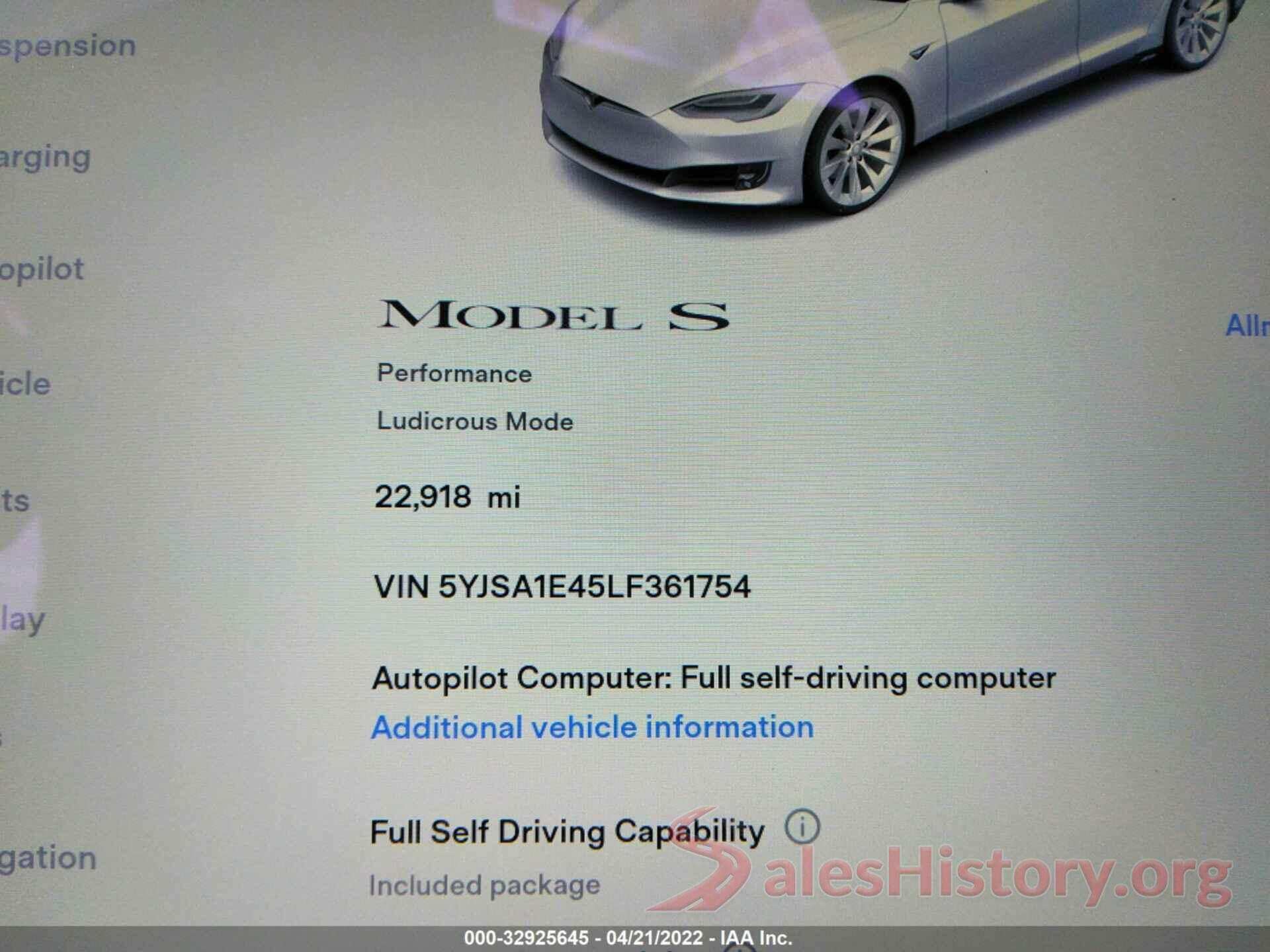 5YJSA1E45LF361754 2020 TESLA MODEL S