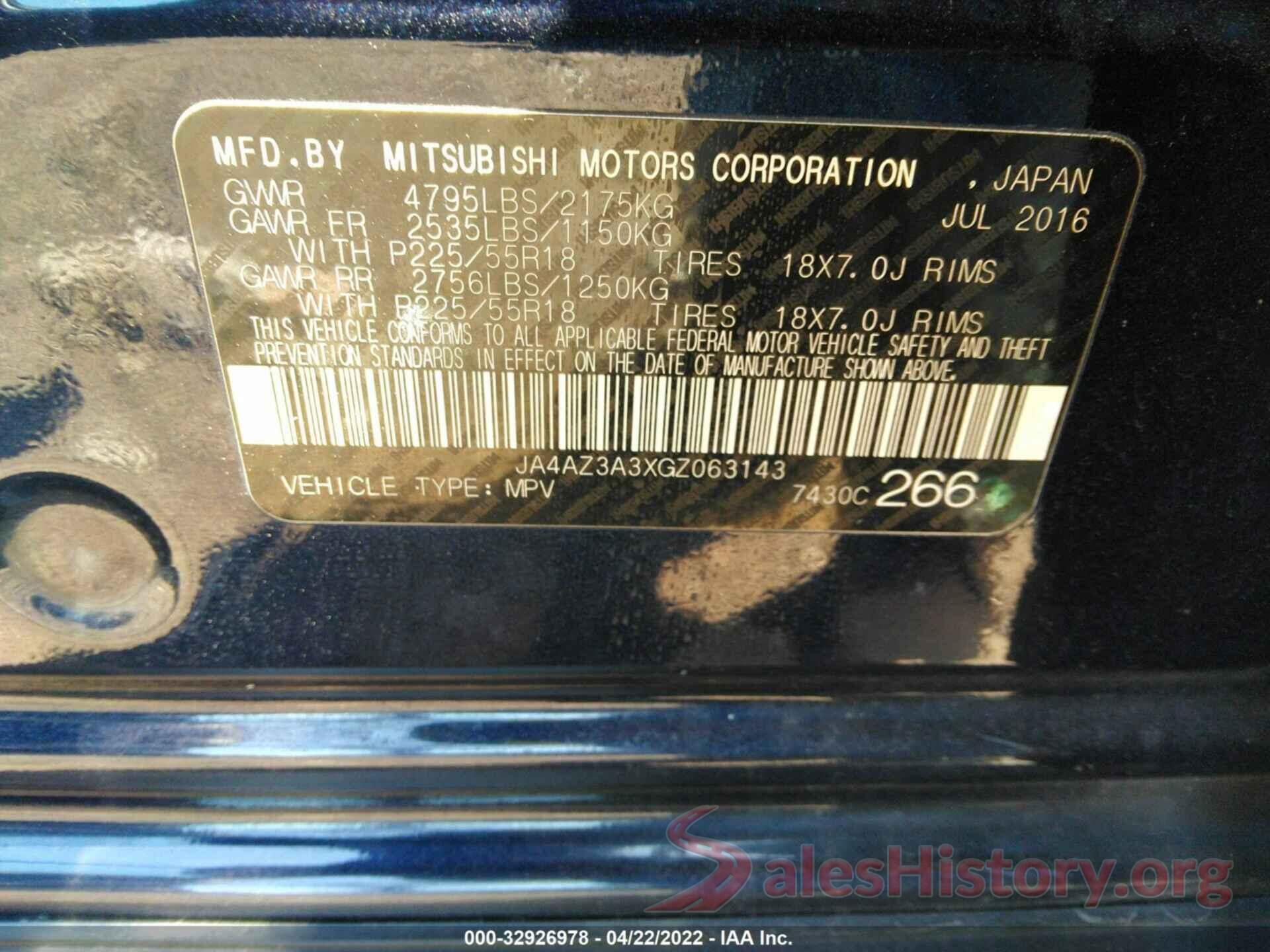 JA4AZ3A3XGZ063143 2016 MITSUBISHI OUTLANDER