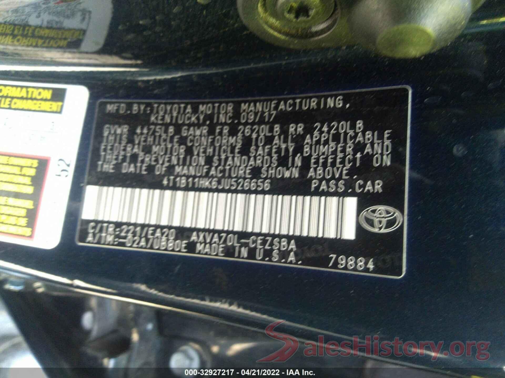 4T1B11HK6JU526656 2018 TOYOTA CAMRY