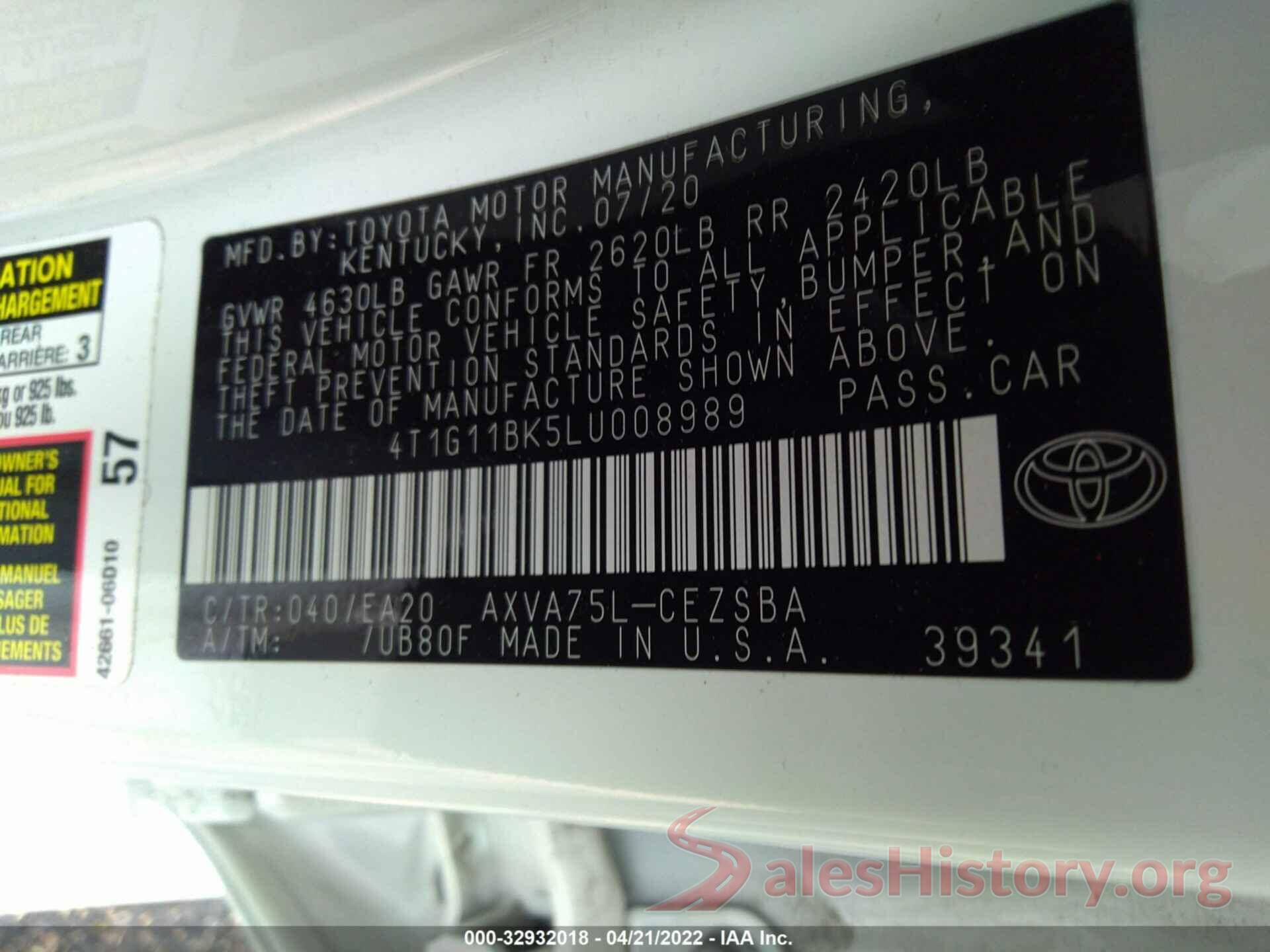 4T1G11BK5LU008989 2020 TOYOTA CAMRY