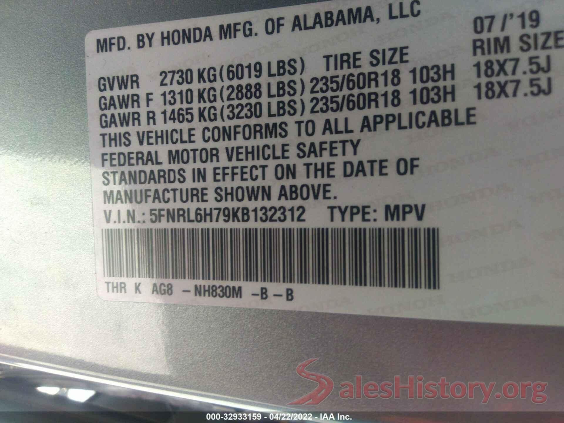 5FNRL6H79KB132312 2019 HONDA ODYSSEY