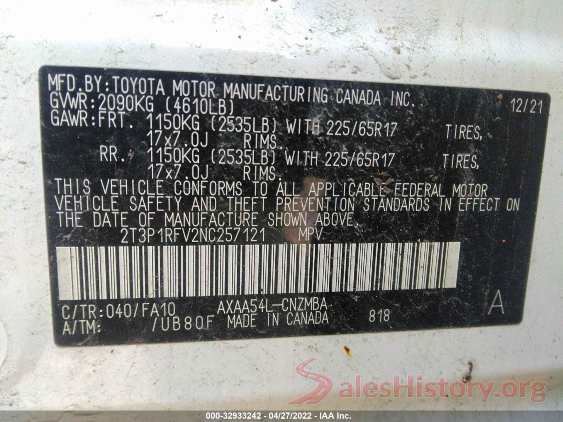 2T3P1RFV2NC257121 2022 TOYOTA RAV4