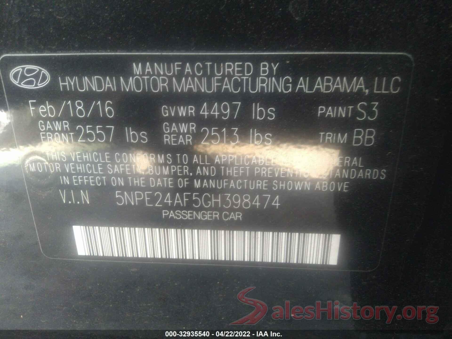 5NPE24AF5GH398474 2016 HYUNDAI SONATA