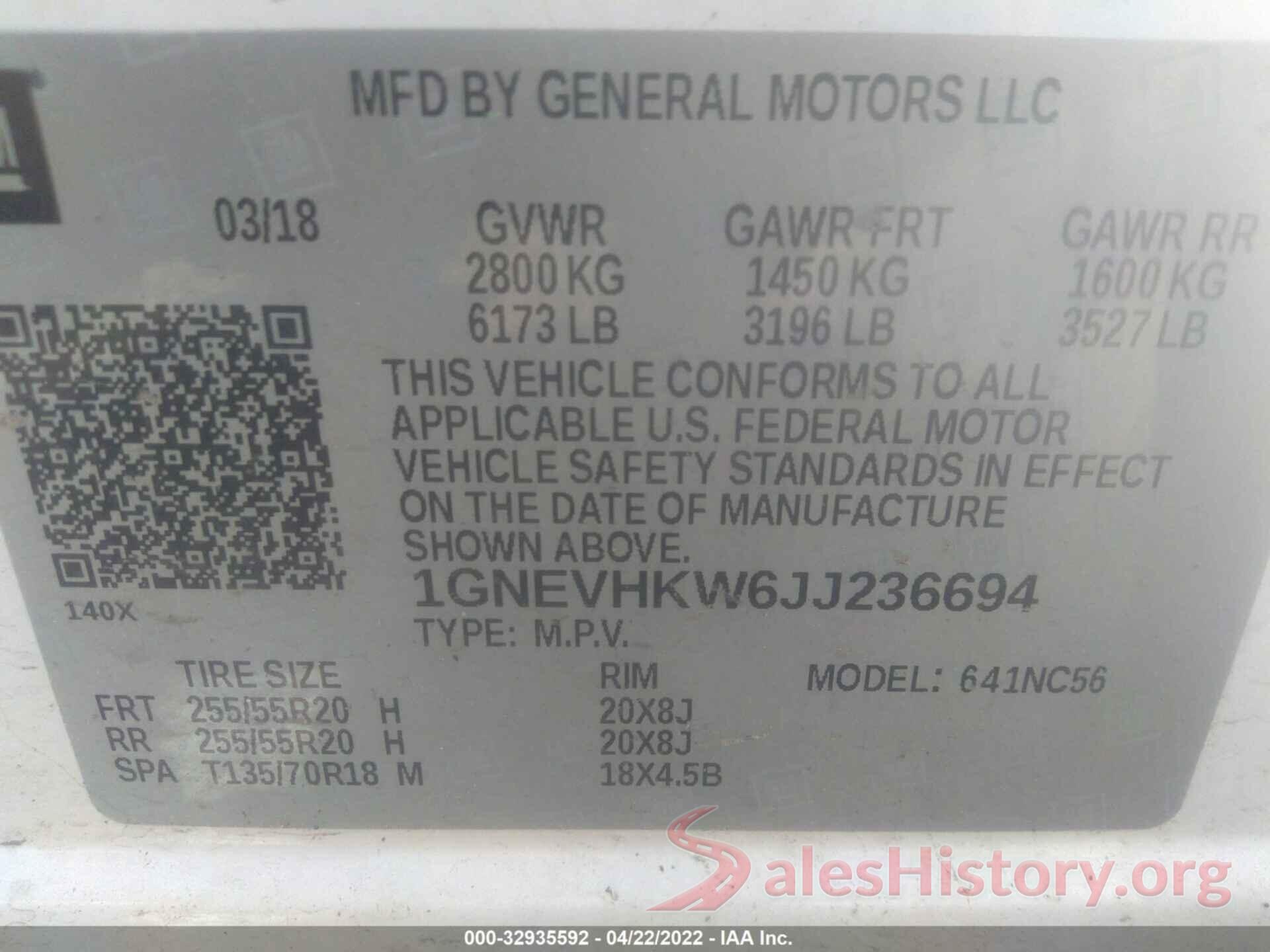 1GNEVHKW6JJ236694 2018 CHEVROLET TRAVERSE