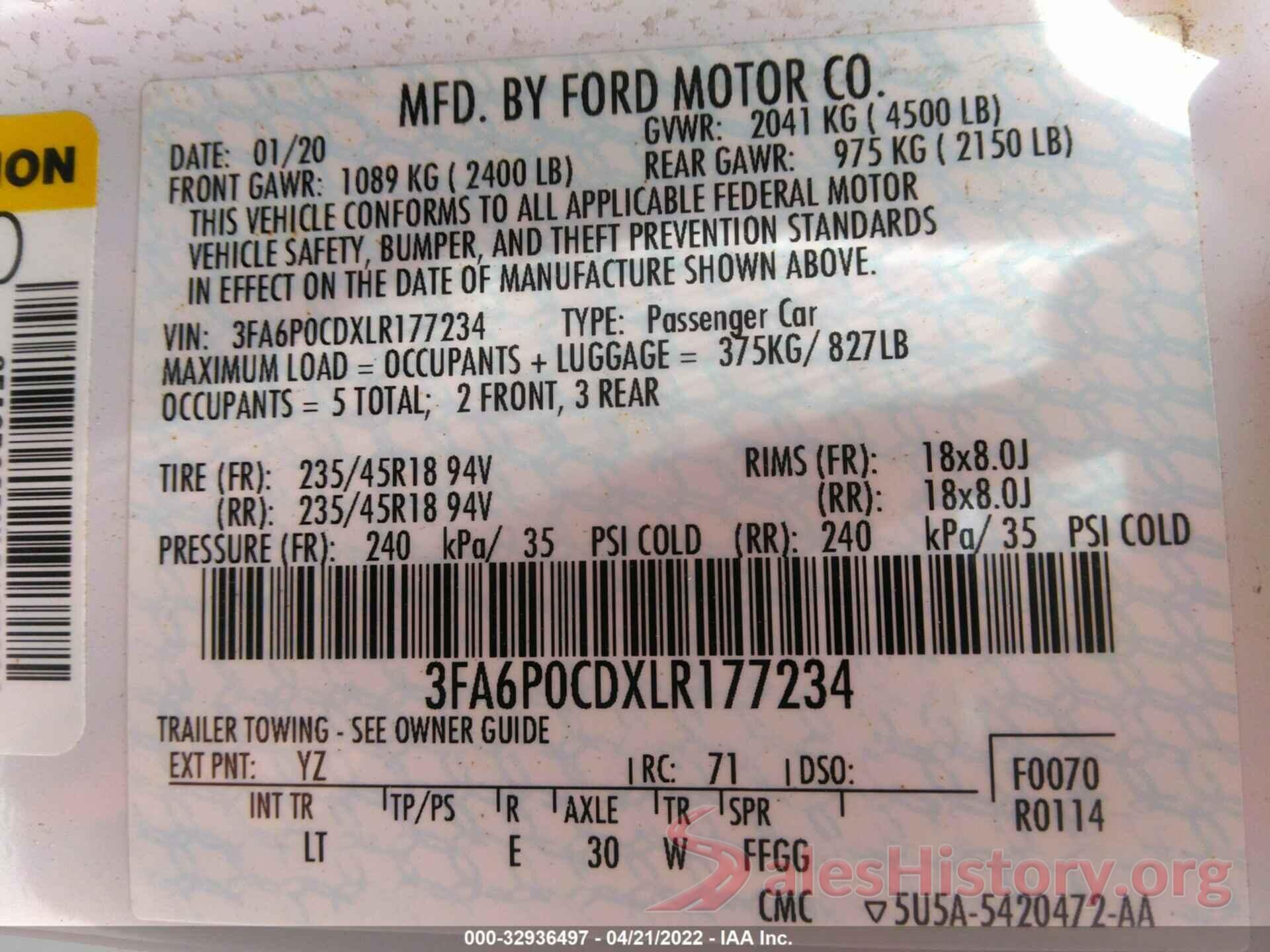 3FA6P0CDXLR177234 2020 FORD FUSION