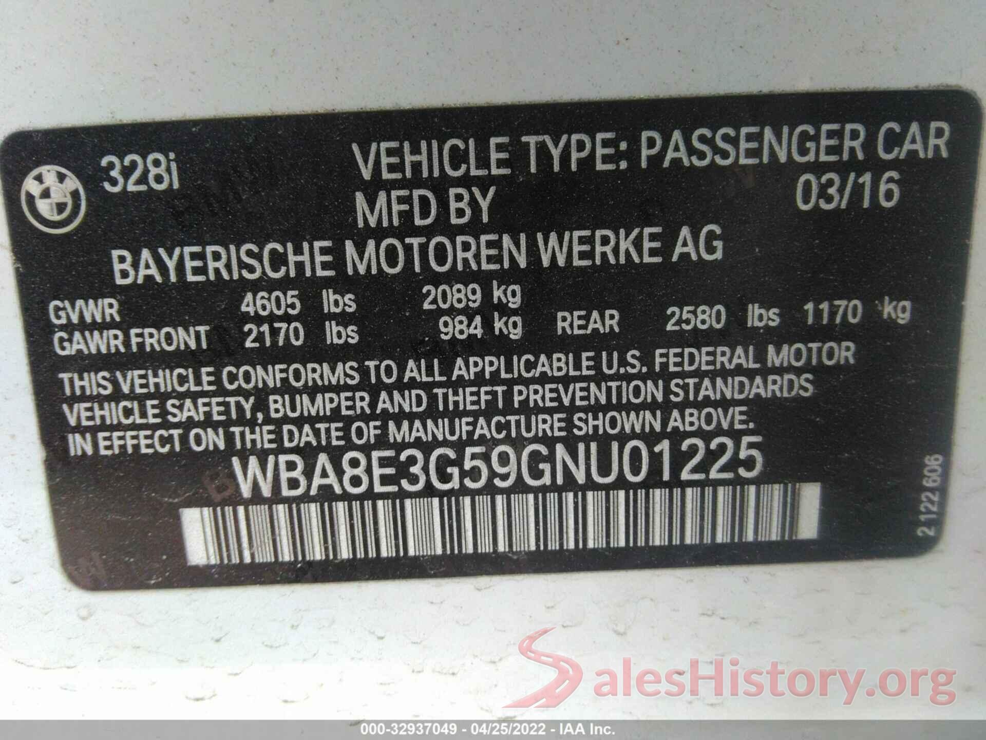 WBA8E3G59GNU01225 2016 BMW 3 SERIES