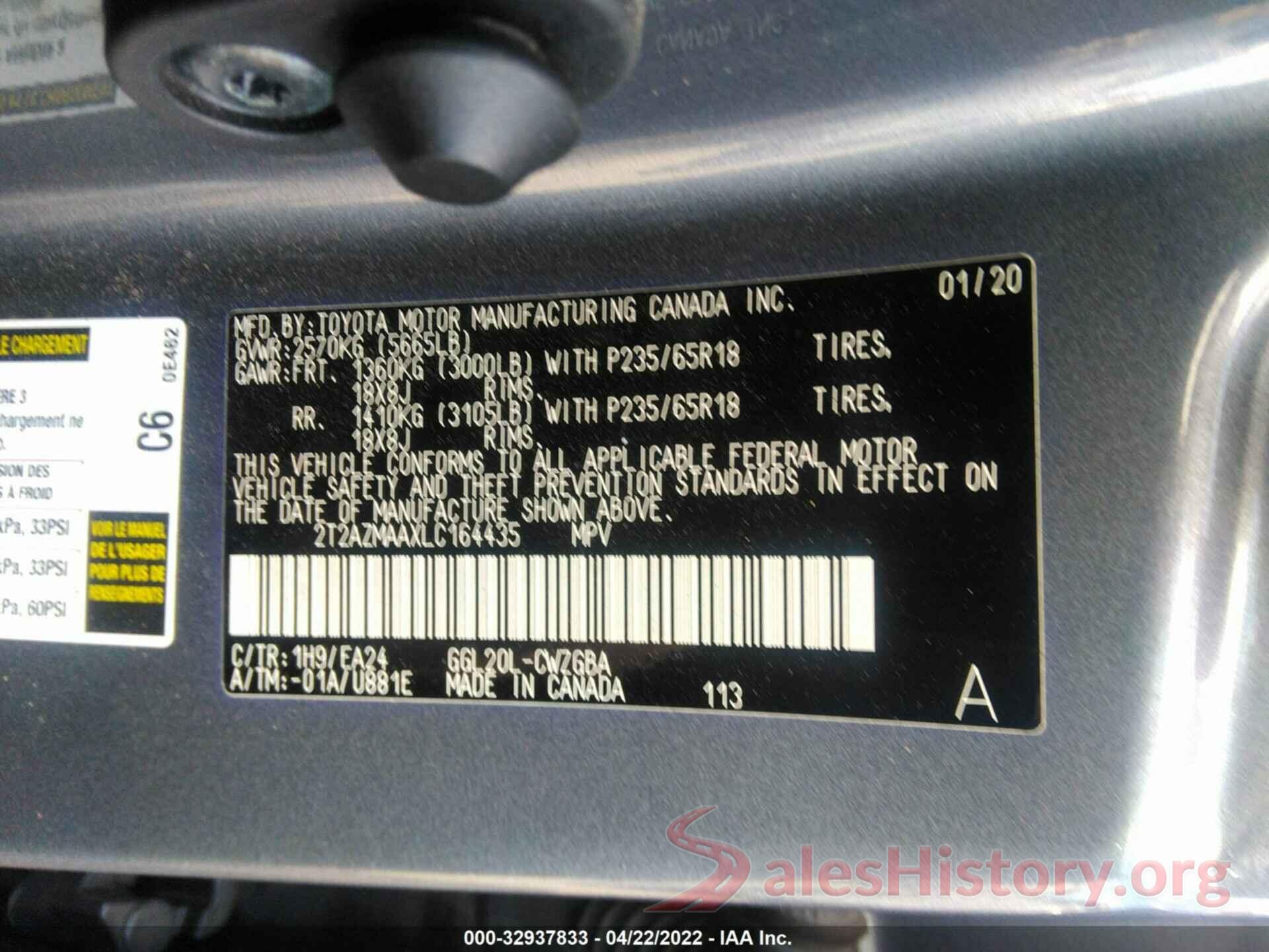 2T2AZMAAXLC164435 2020 LEXUS RX