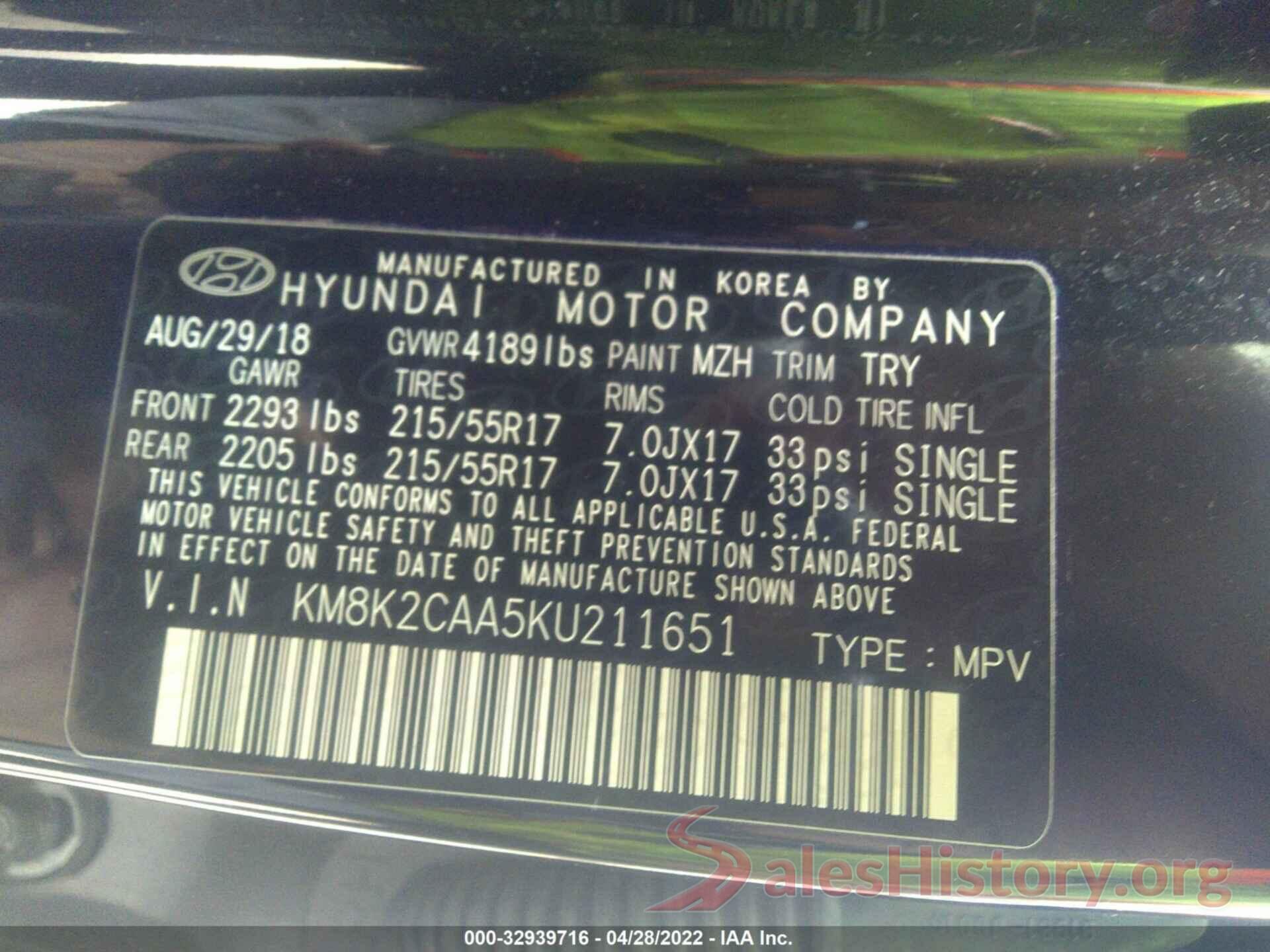 KM8K2CAA5KU211651 2019 HYUNDAI KONA