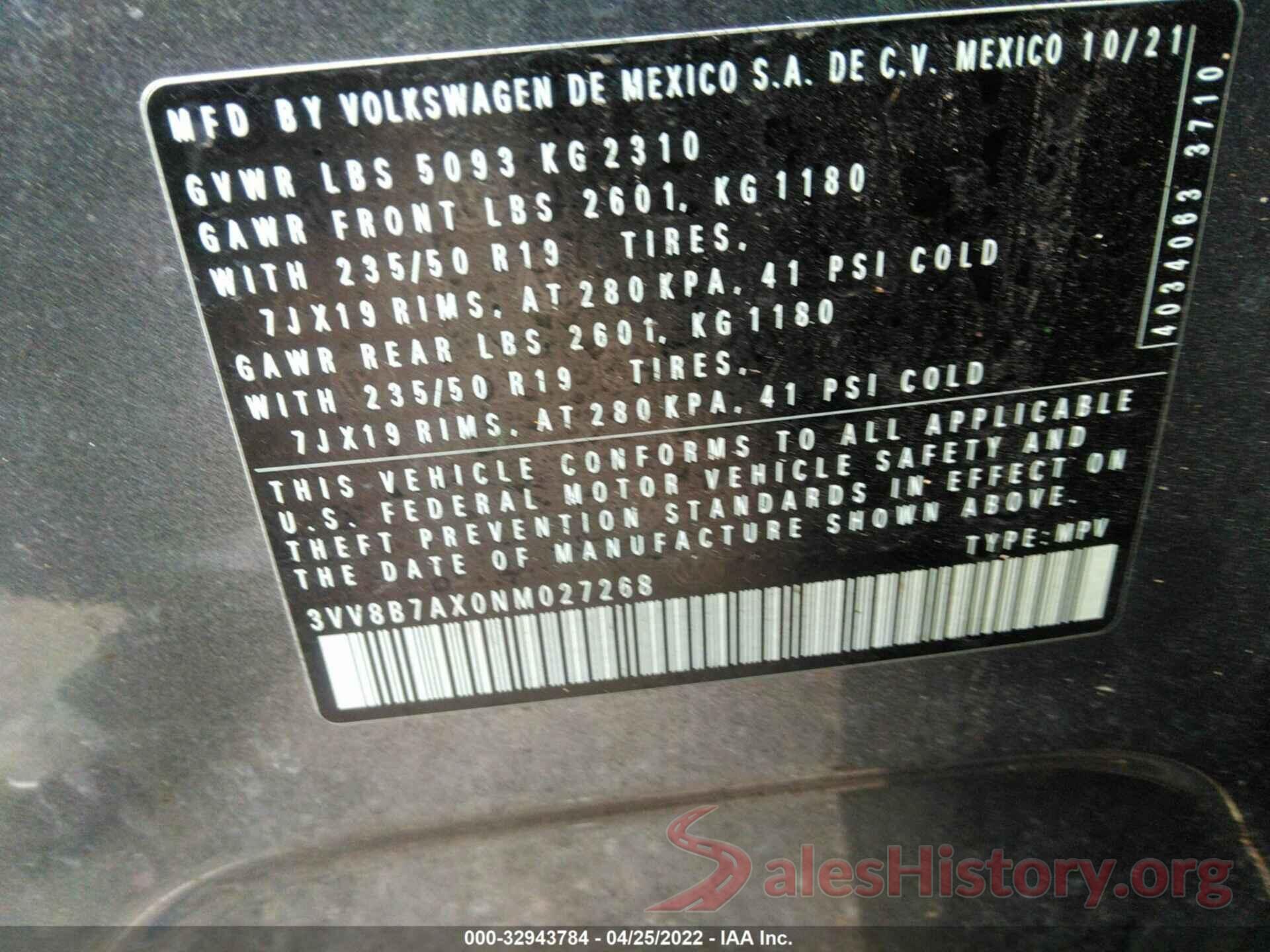 3VV8B7AX0NM027268 2022 VOLKSWAGEN TIGUAN