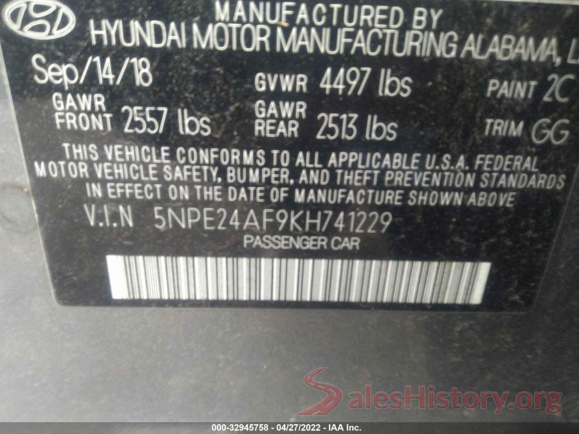 5NPE24AF9KH741229 2019 HYUNDAI SONATA