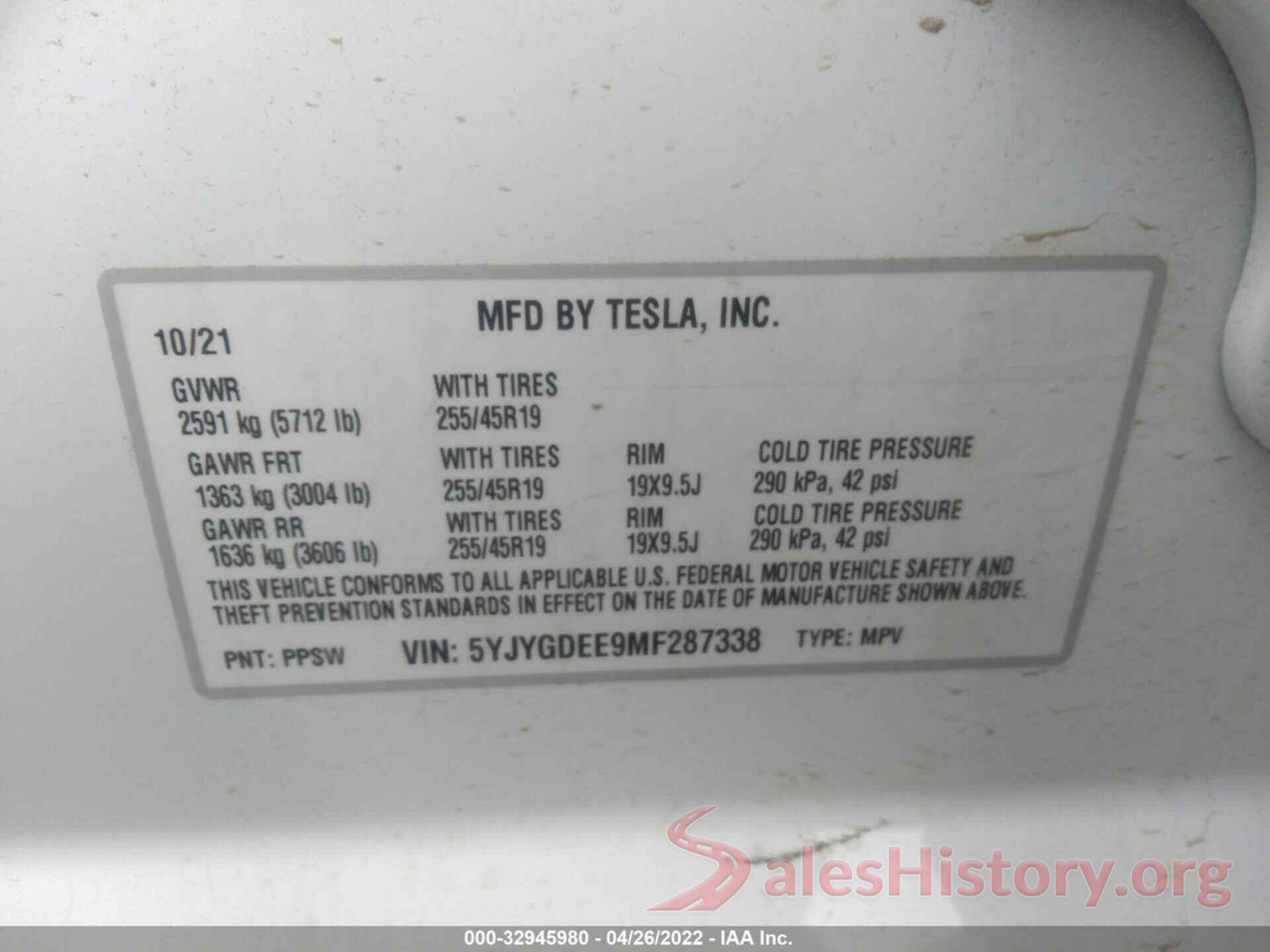 5YJYGDEE9MF287338 2021 TESLA MODEL Y