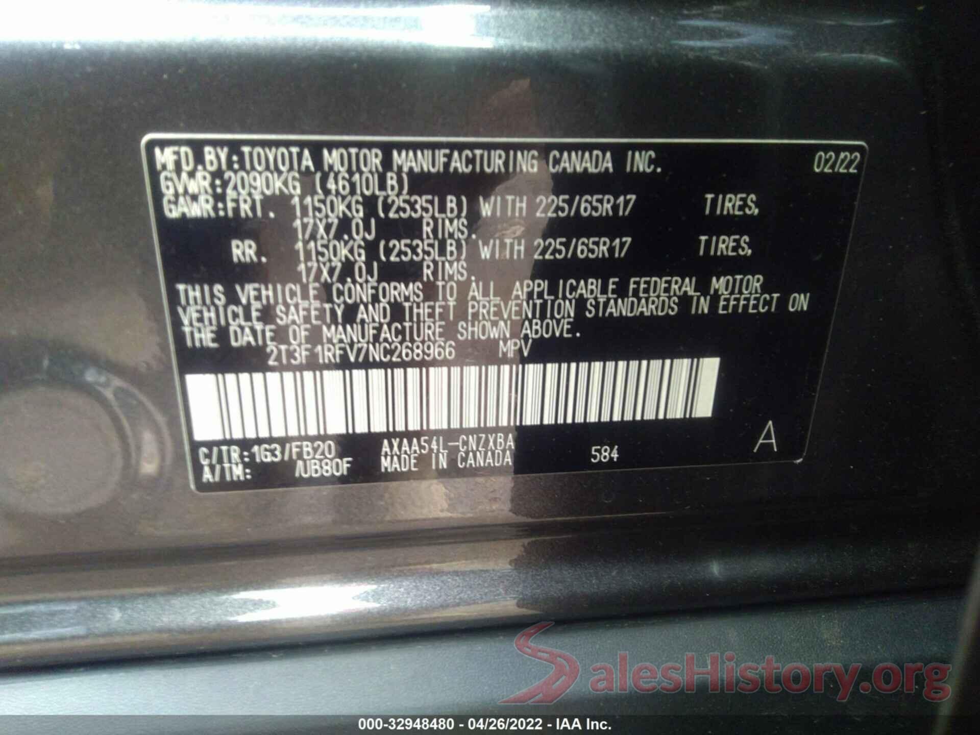 2T3F1RFV7NC268966 2022 TOYOTA RAV4