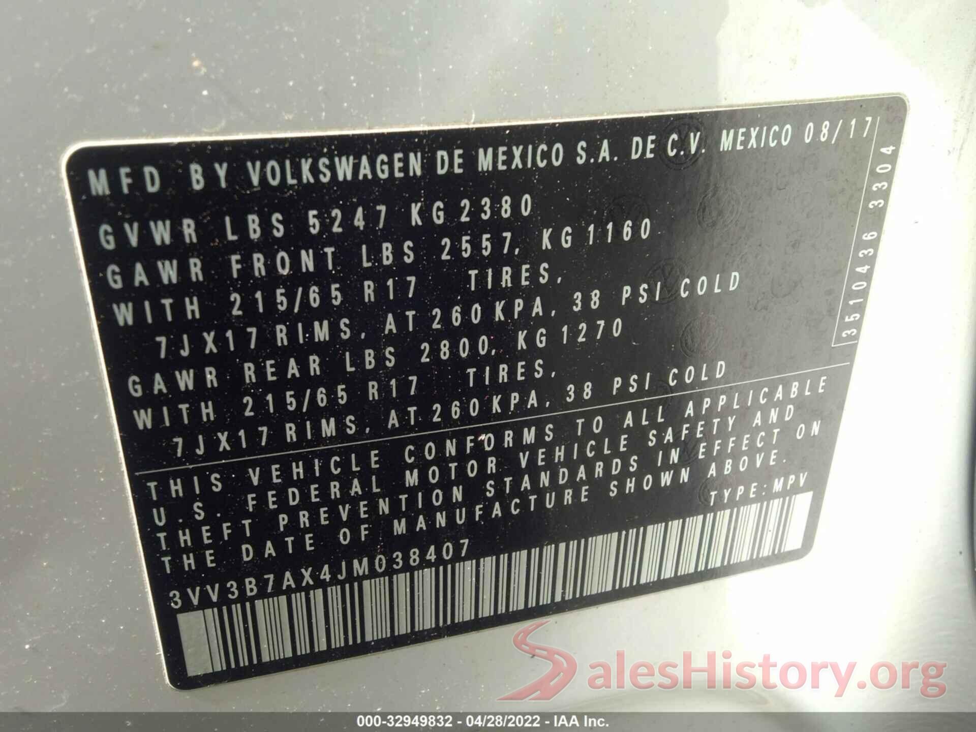 3VV3B7AX4JM038407 2018 VOLKSWAGEN TIGUAN