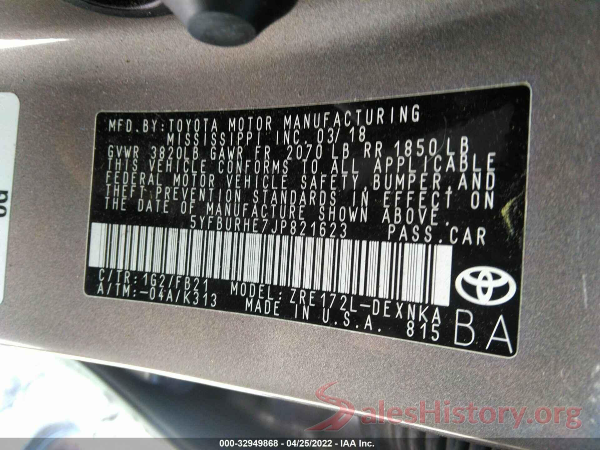 5YFBURHE7JP821623 2018 TOYOTA COROLLA