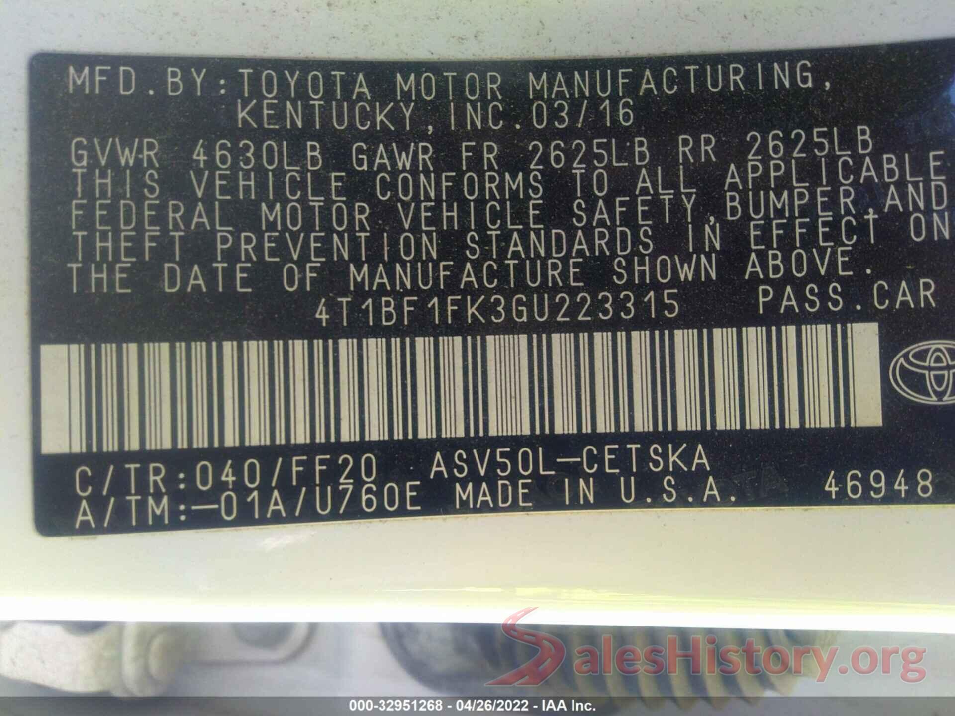 4T1BF1FK3GU223315 2016 TOYOTA CAMRY