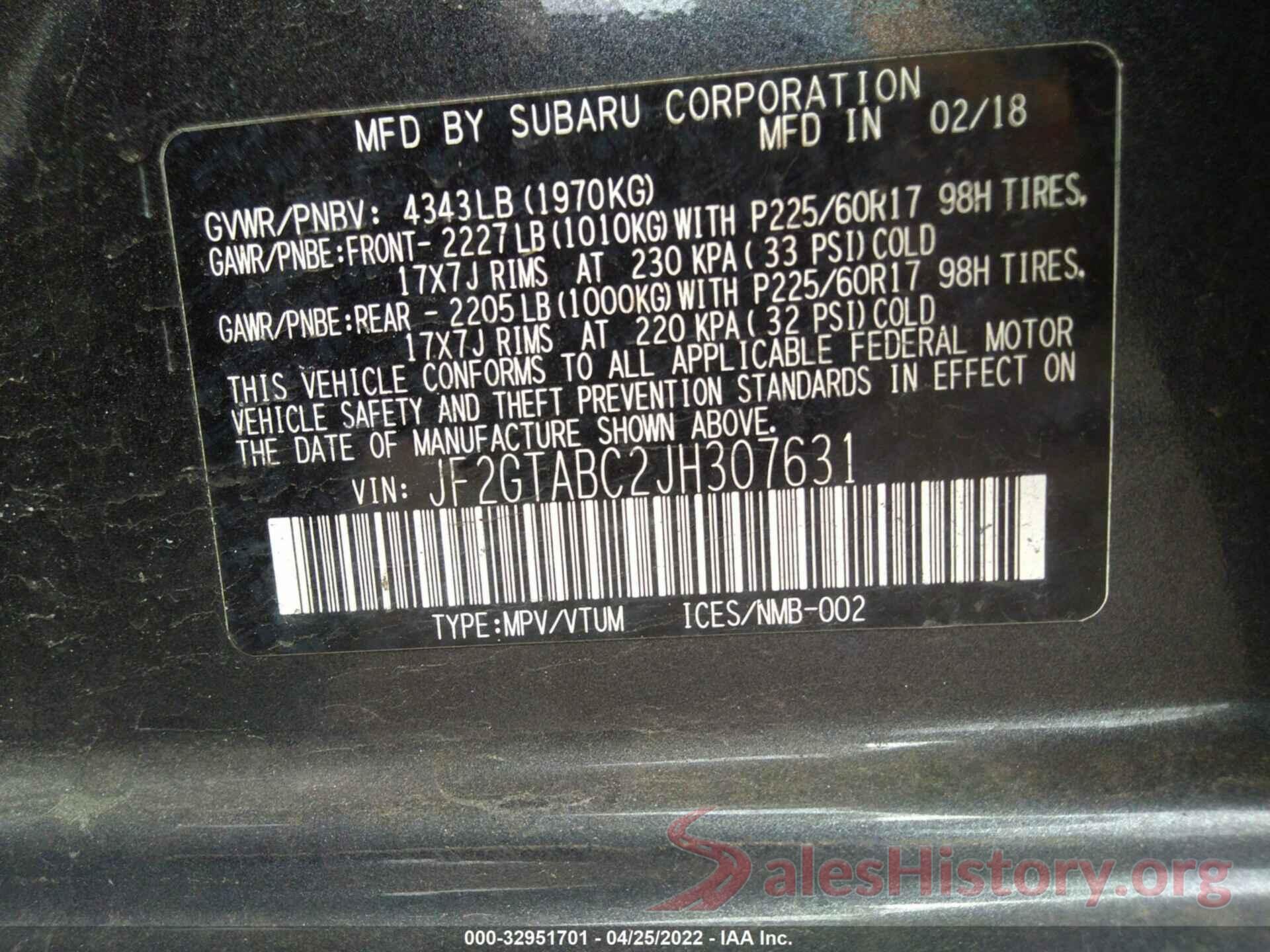 JF2GTABC2JH307631 2018 SUBARU CROSSTREK