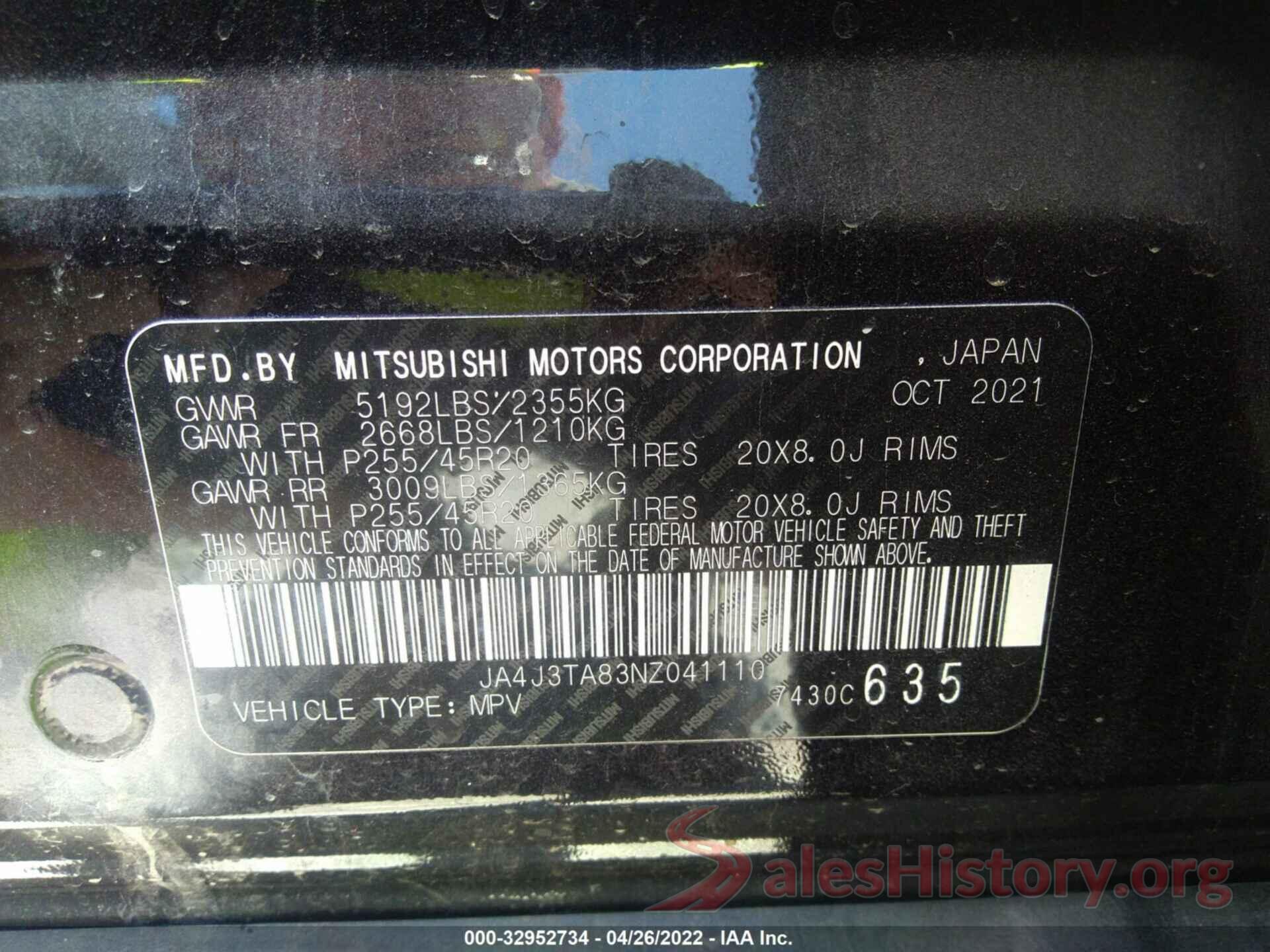 JA4J3TA83NZ041110 2022 MITSUBISHI OUTLANDER