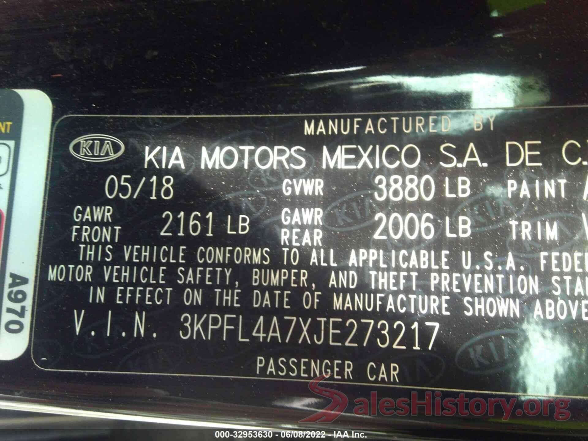 3KPFL4A7XJE273217 2018 KIA FORTE