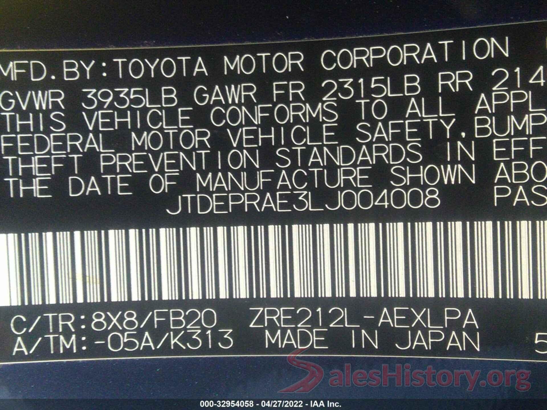 JTDEPRAE3LJ004008 2020 TOYOTA COROLLA