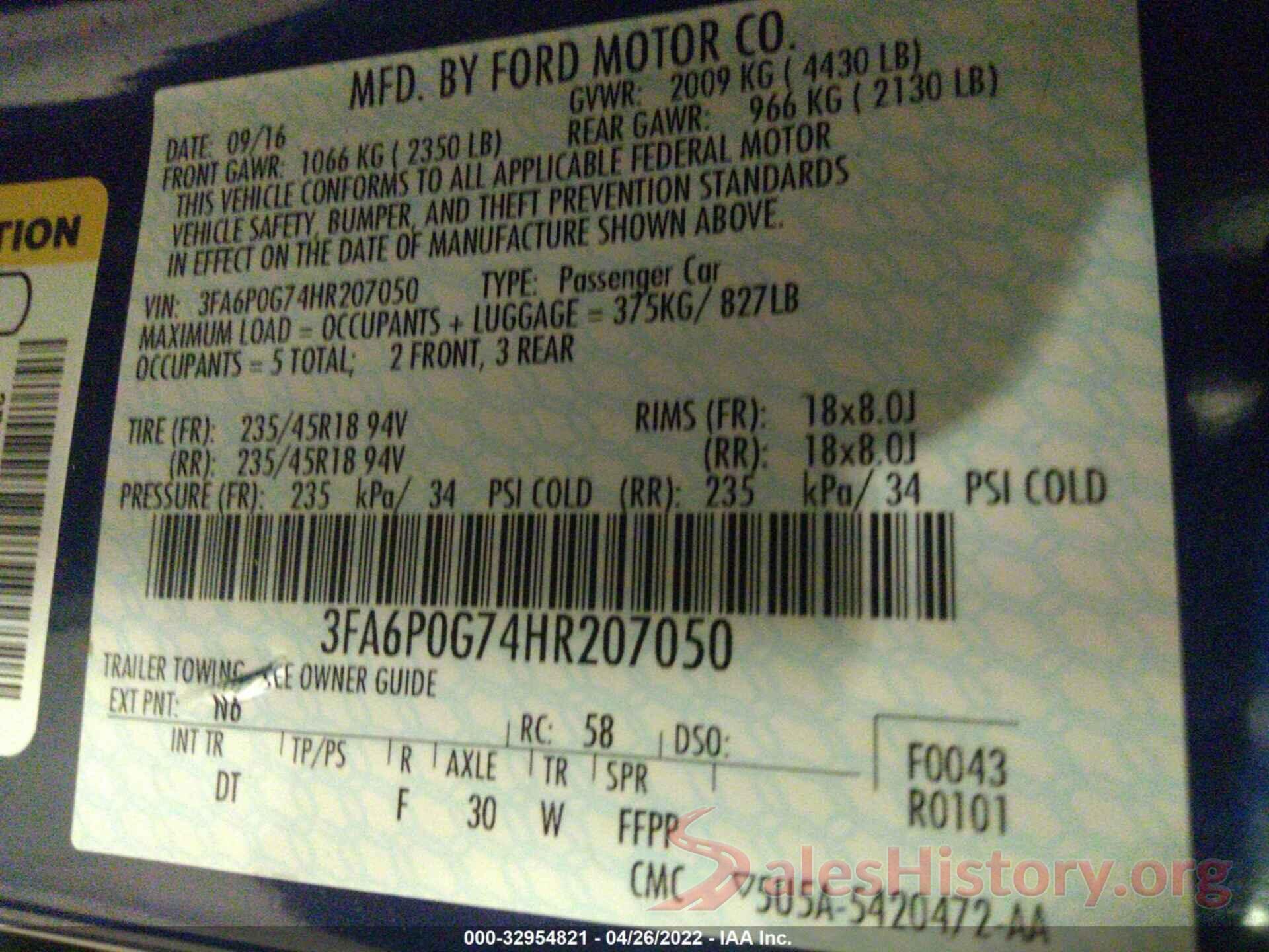 3FA6P0G74HR207050 2017 FORD FUSION