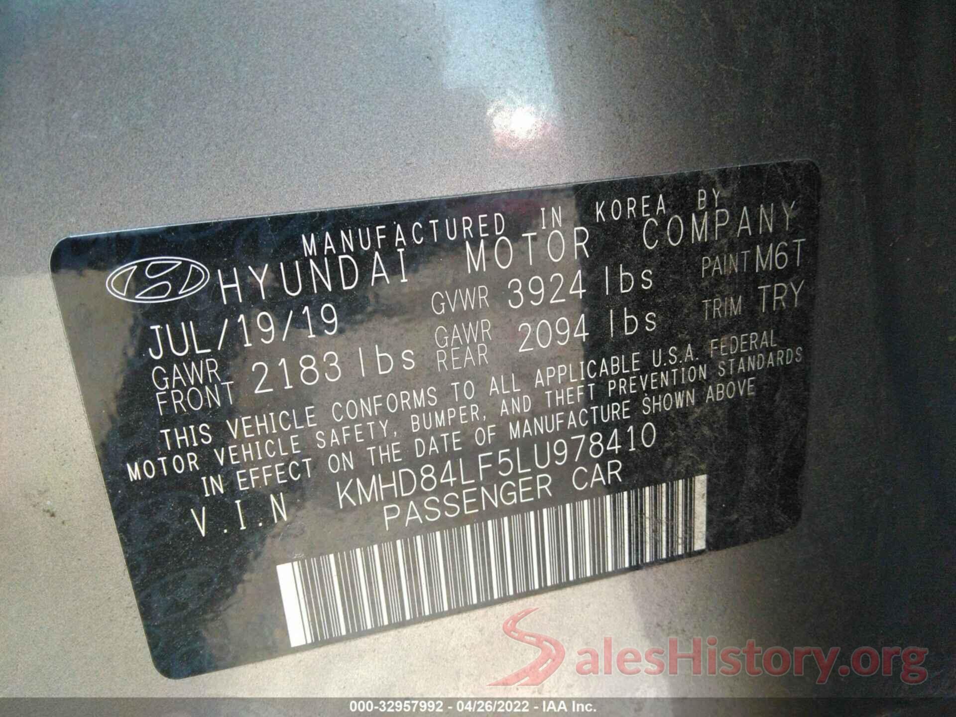 KMHD84LF5LU978410 2020 HYUNDAI ELANTRA