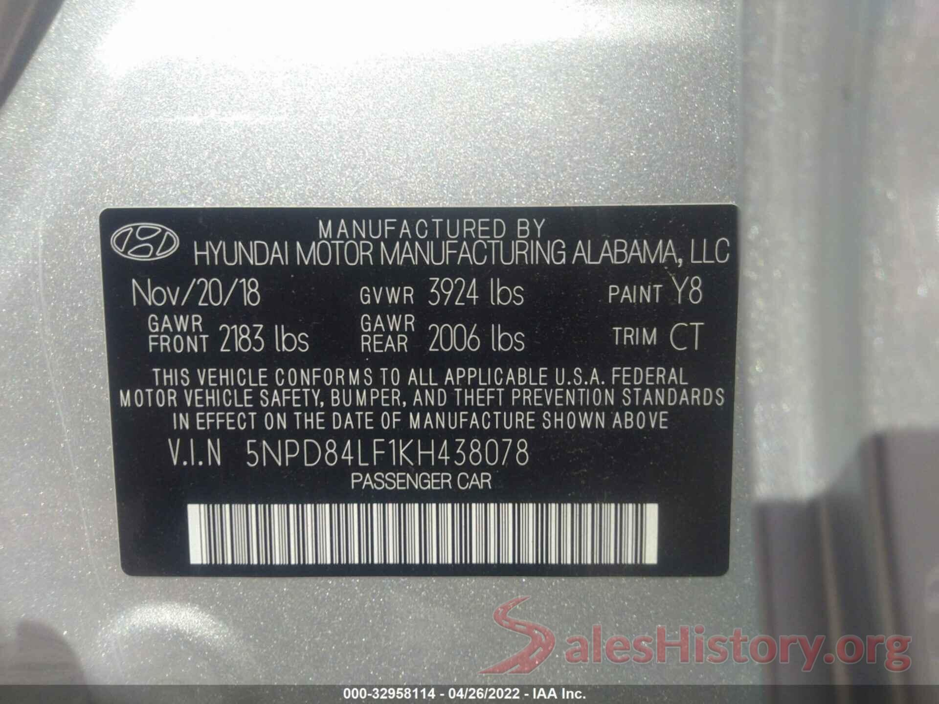 5NPD84LF1KH438078 2019 HYUNDAI ELANTRA