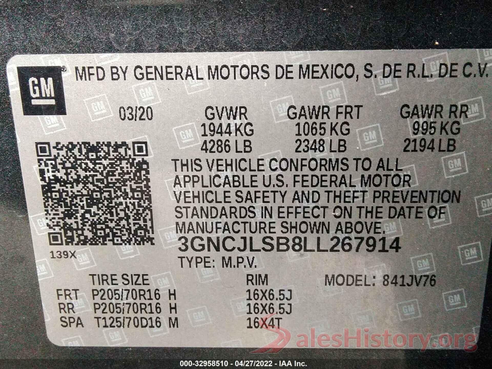 3GNCJLSB8LL267914 2020 CHEVROLET TRAX