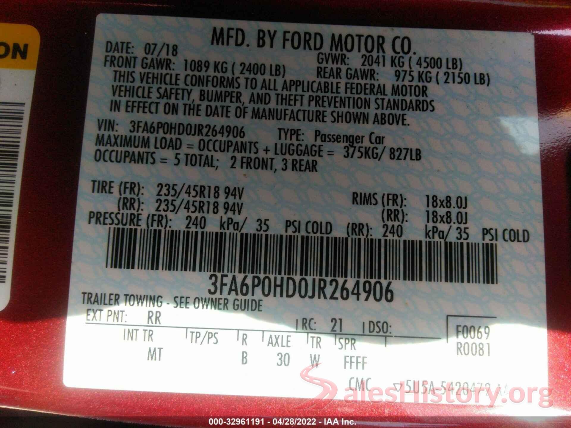 3FA6P0HD0JR264906 2018 FORD FUSION