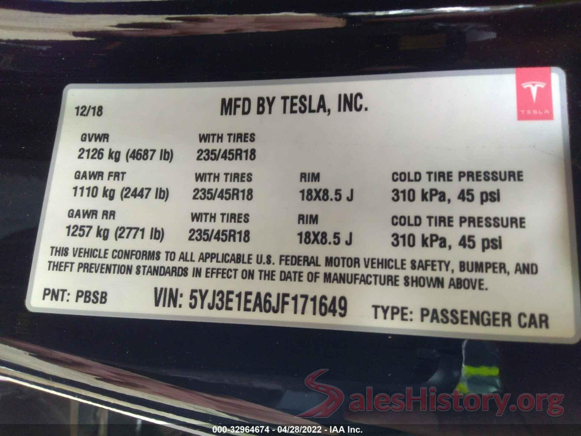 5YJ3E1EA6JF171649 2018 TESLA MODEL 3