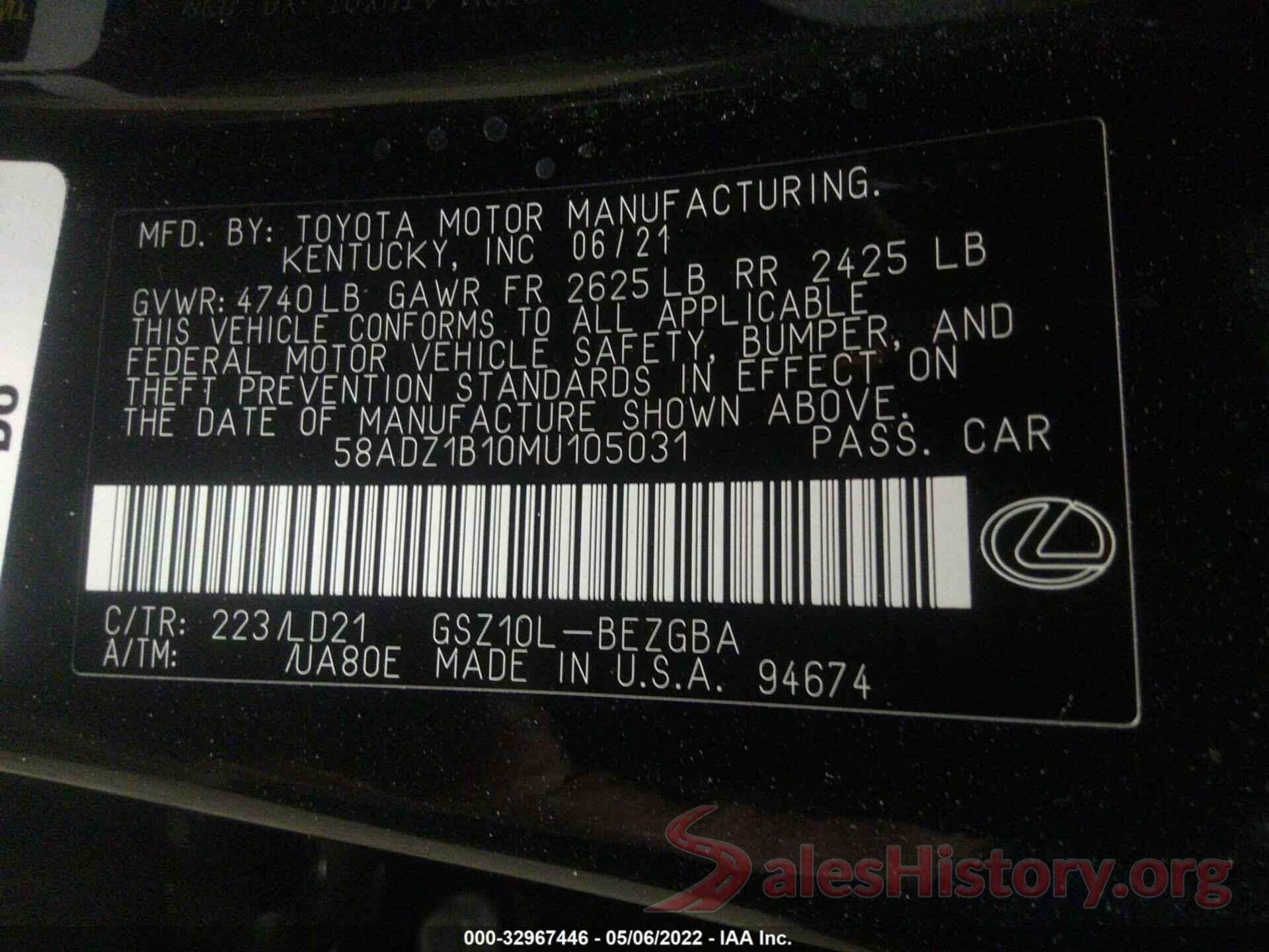 58ADZ1B10MU105031 2021 LEXUS ES