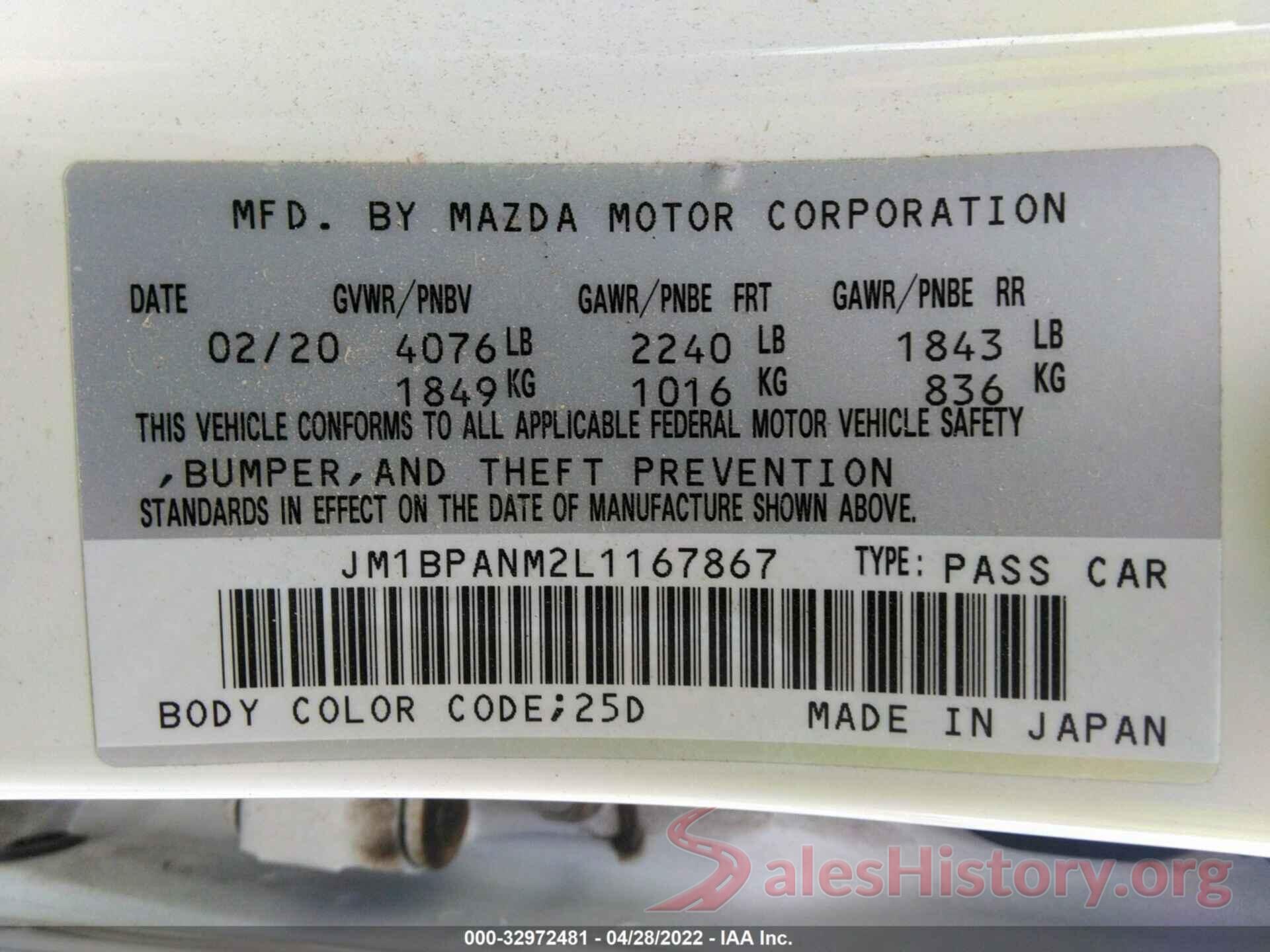 JM1BPANM2L1167867 2020 MAZDA MAZDA3 HATCHBACK