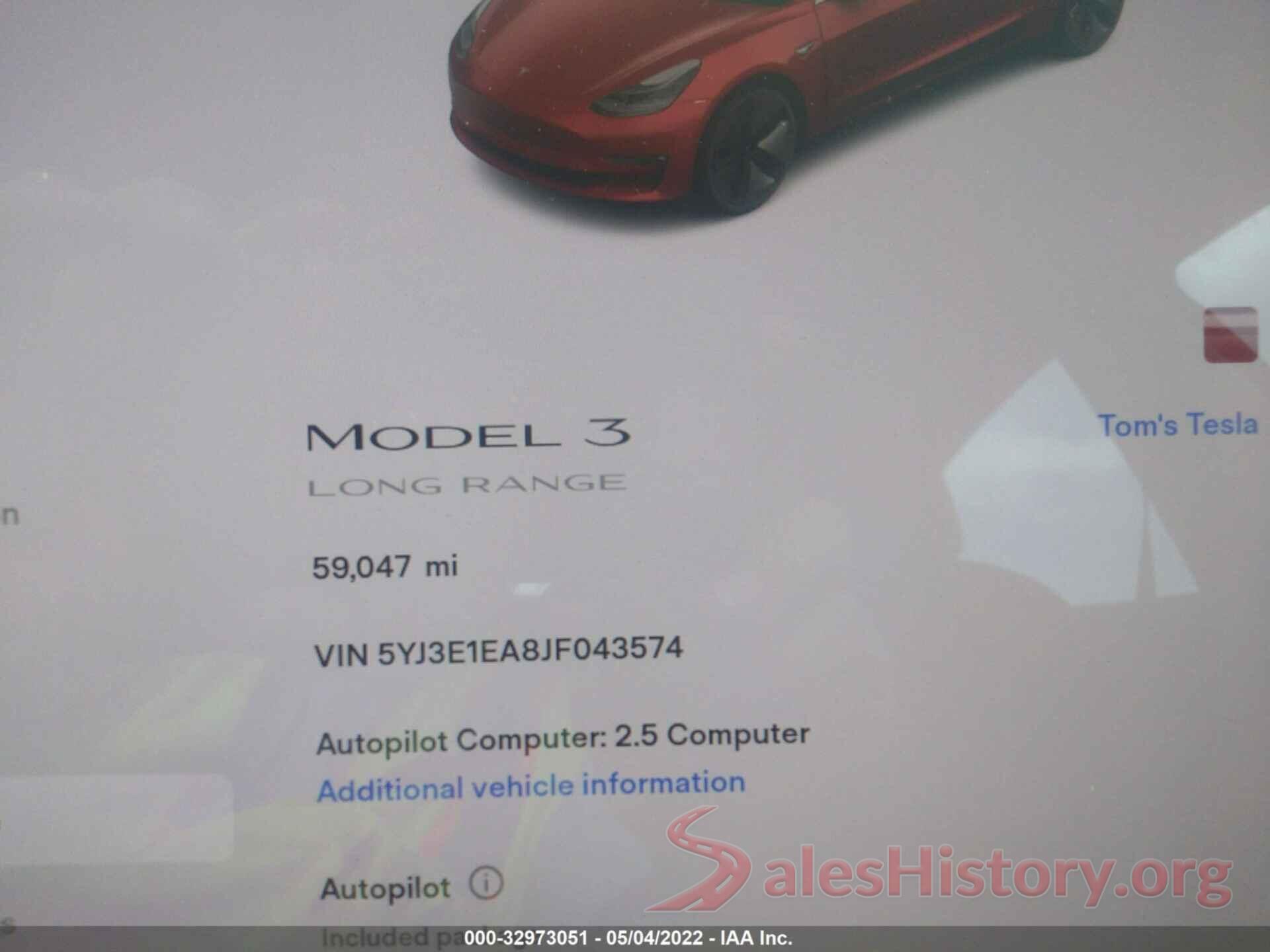 5YJ3E1EA8JF043574 2018 TESLA MODEL 3