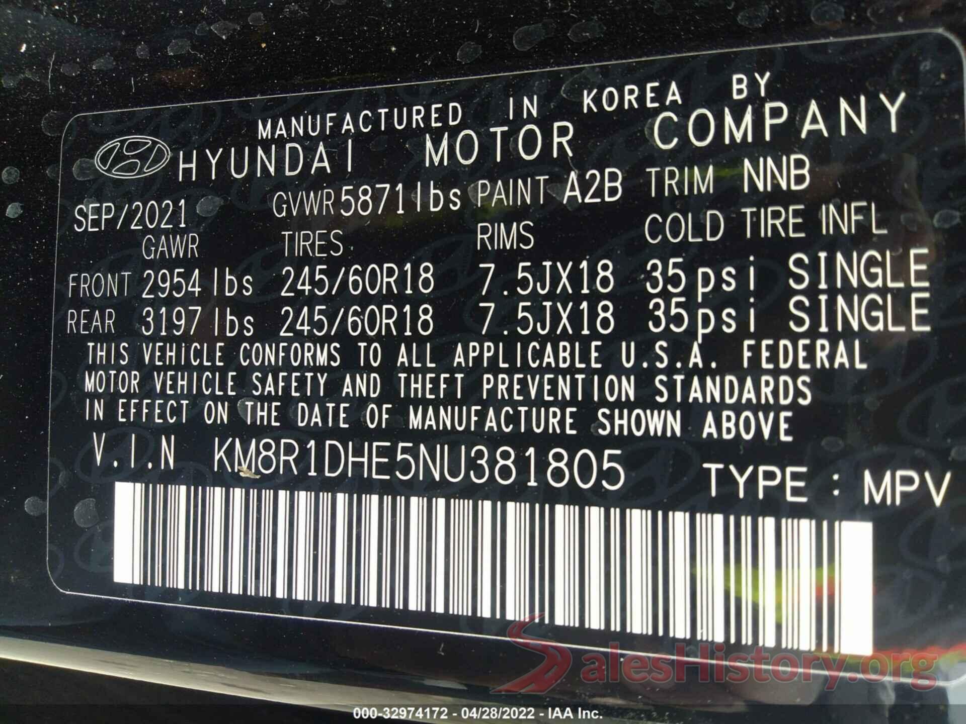 KM8R1DHE5NU381805 2022 HYUNDAI PALISADE