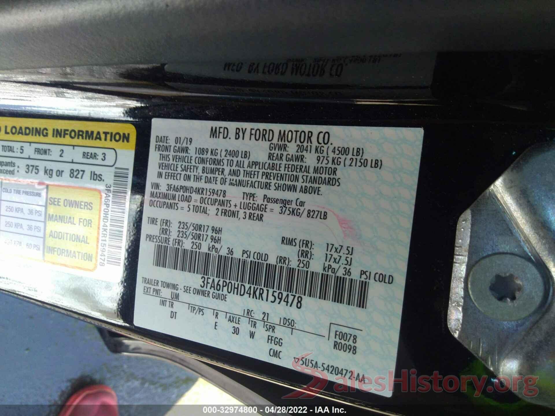 3FA6P0HD4KR159478 2019 FORD FUSION