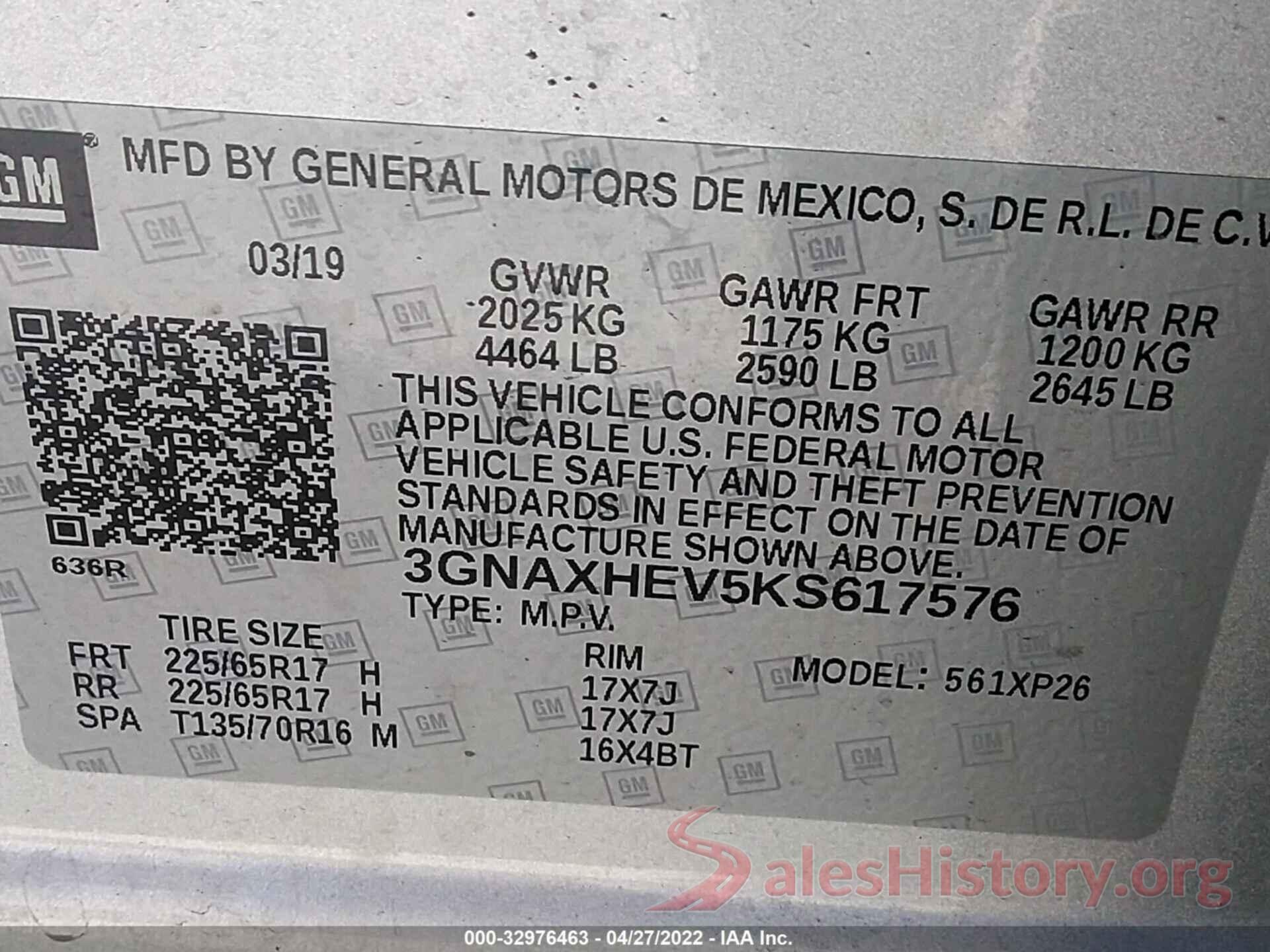 3GNAXHEV5KS617576 2019 CHEVROLET EQUINOX