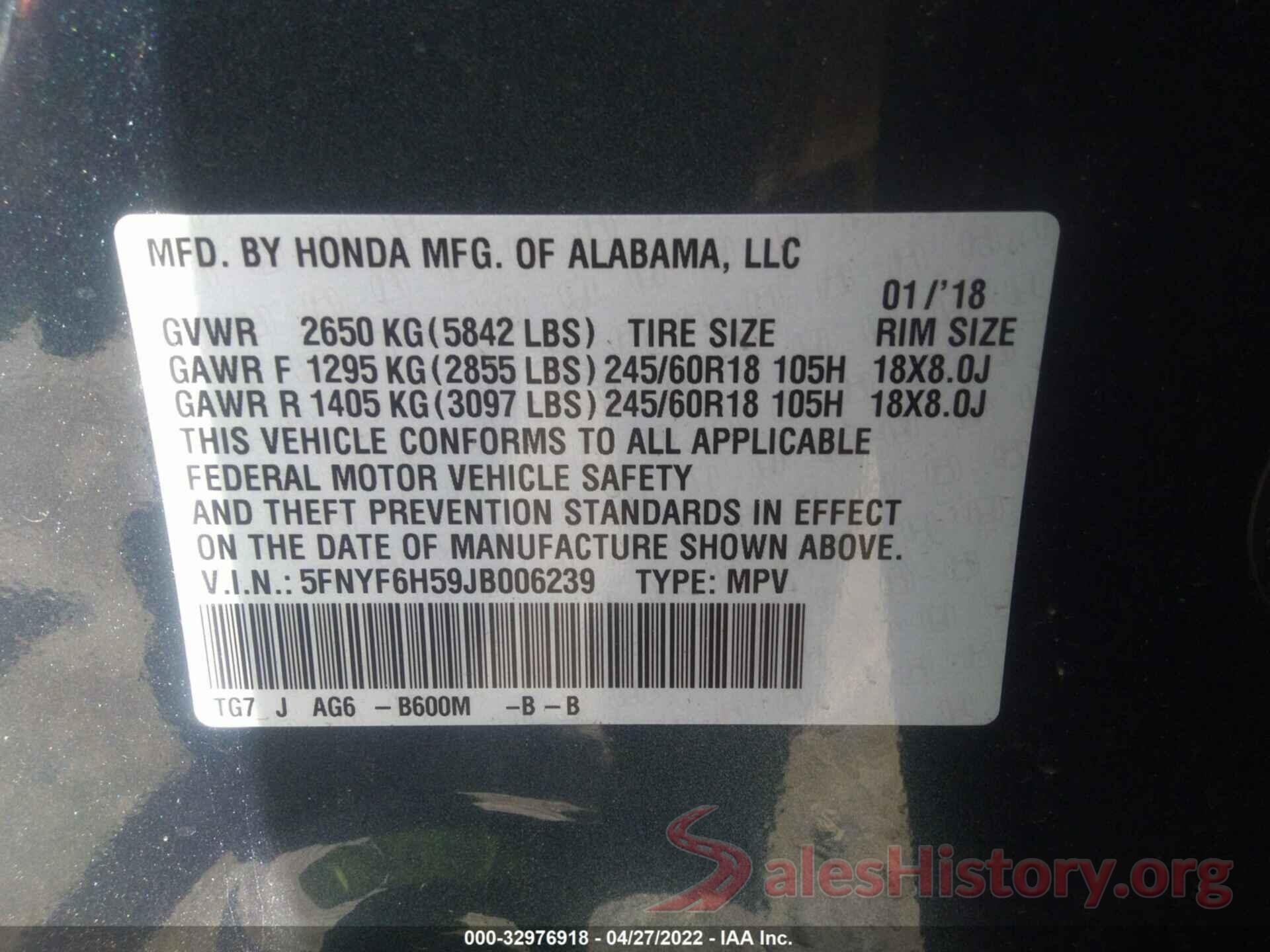 5FNYF6H59JB006239 2018 HONDA PILOT