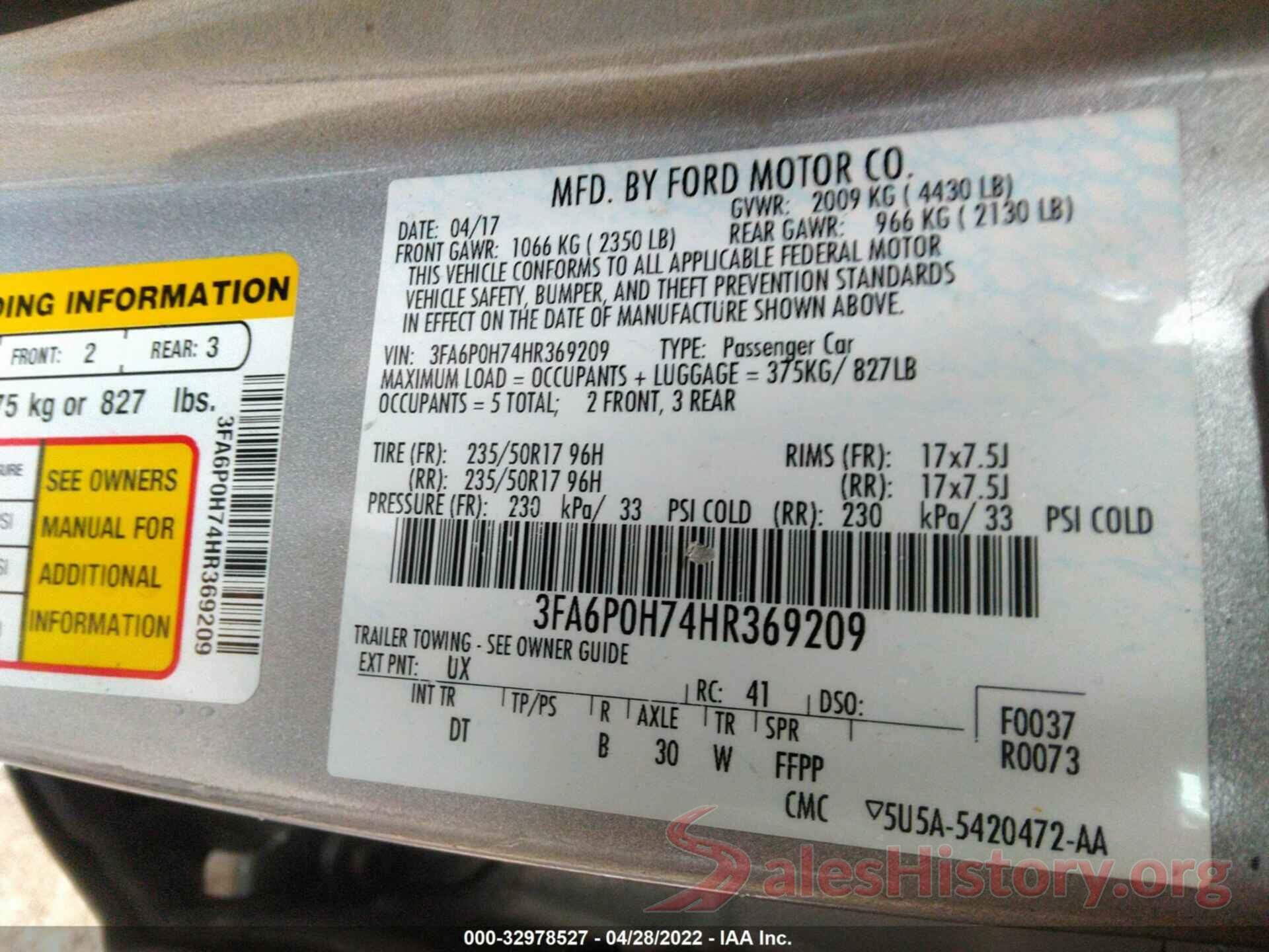 3FA6P0H74HR369209 2017 FORD FUSION